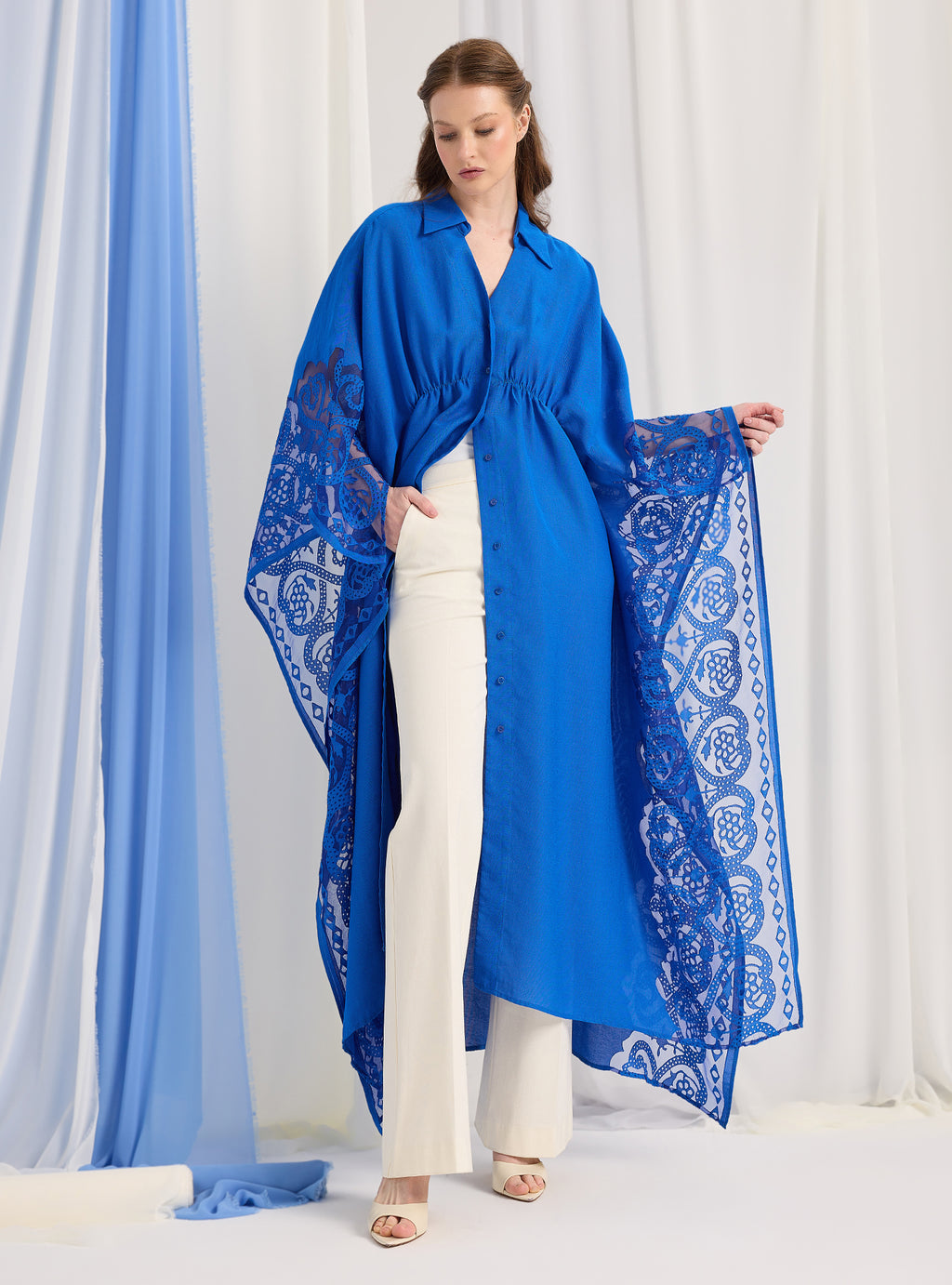 Navy Blue Lace Shirt Kaftan Dress - Store WF