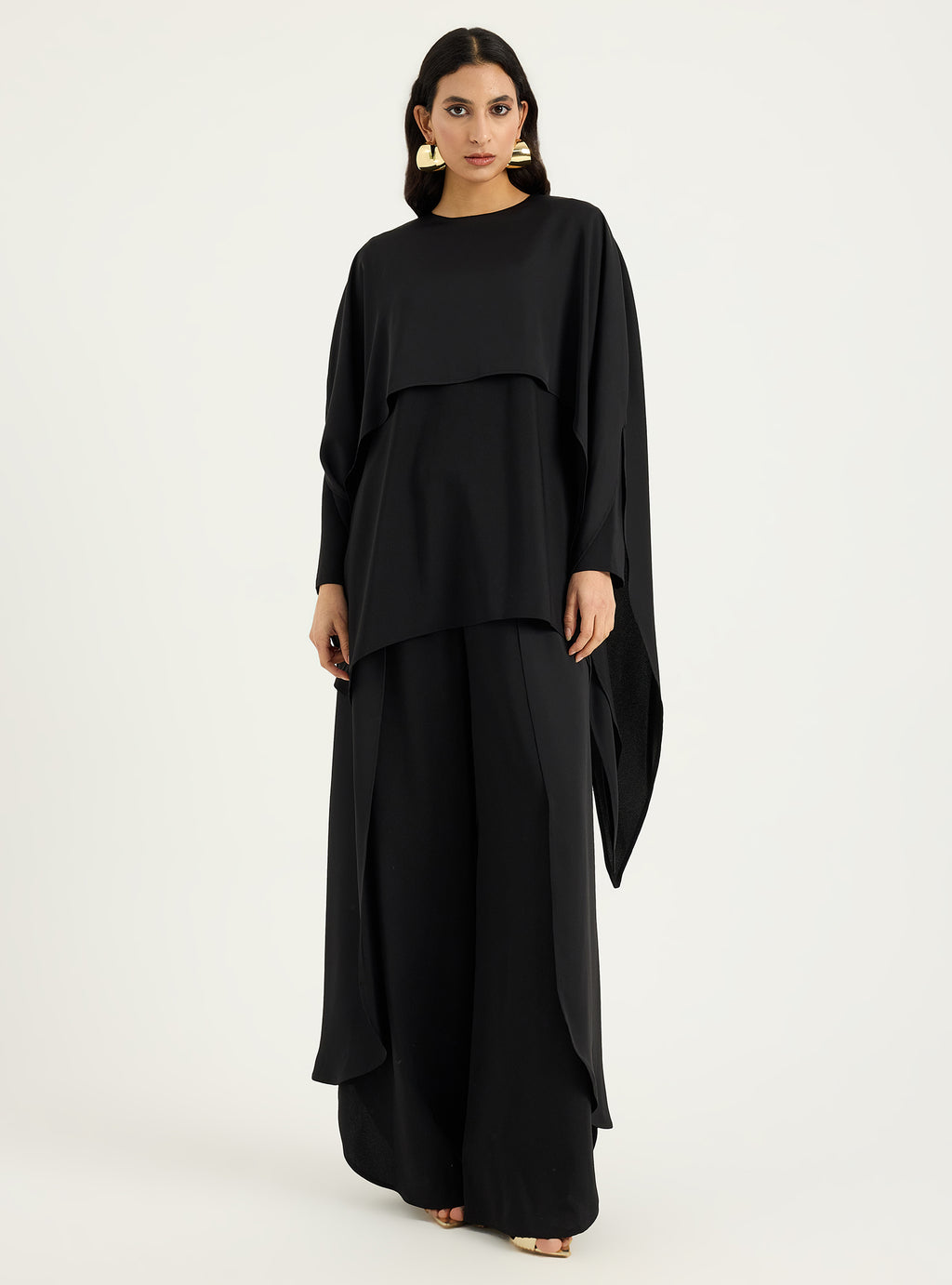 Black Cape-Effect Blouse & Trouser Set - Store WF