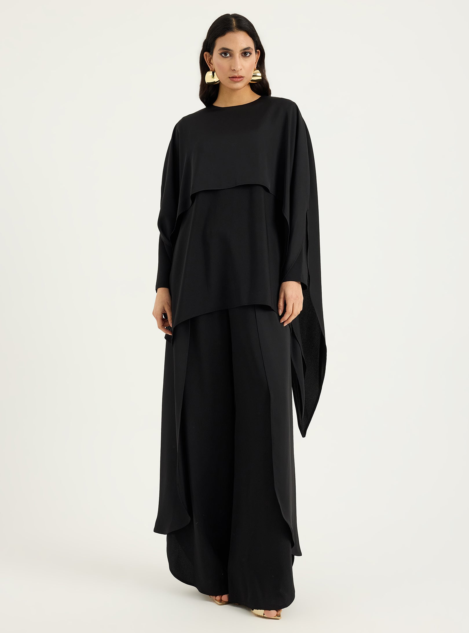 Black Cape-Effect Blouse & Trouser Set - Store WF