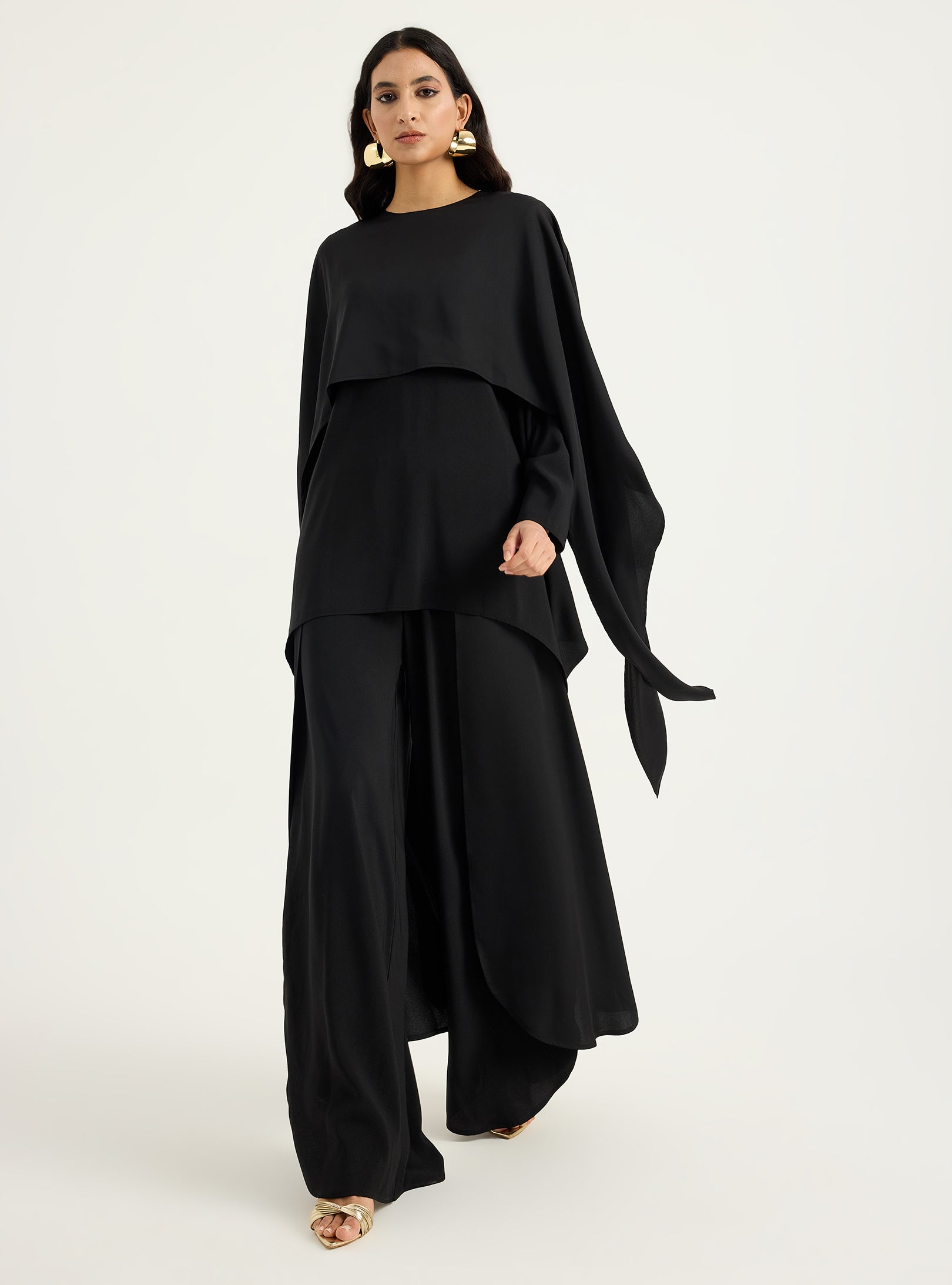 Black Cape-Effect Blouse & Trouser Set - Store WF