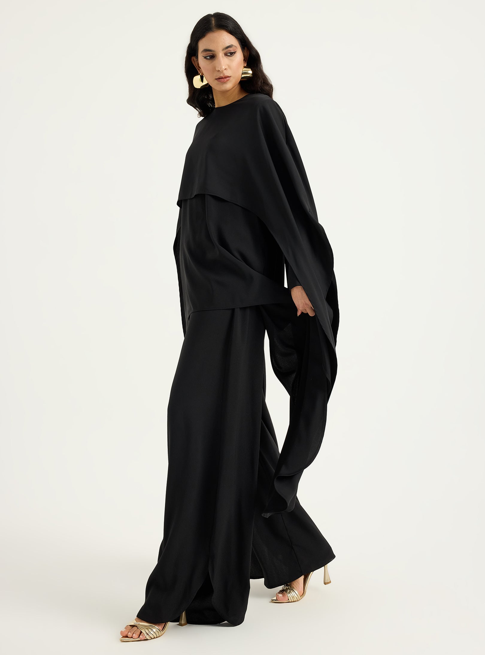 Black Cape-Effect Blouse & Trouser Set - Store WF
