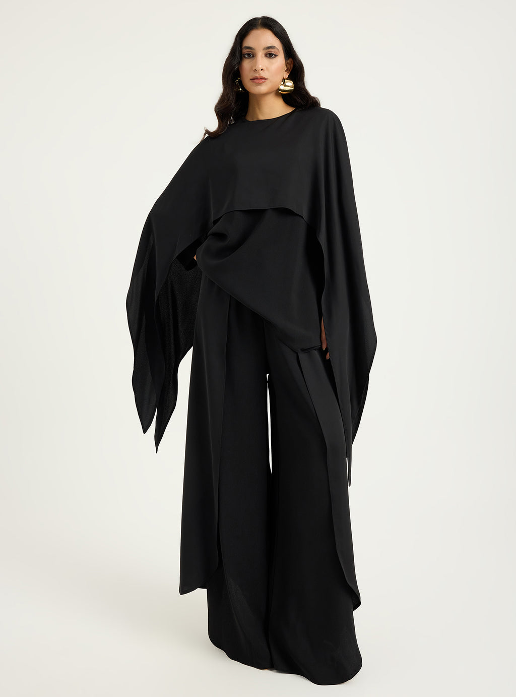 Black Cape-Effect Blouse & Trouser Set - Store WF