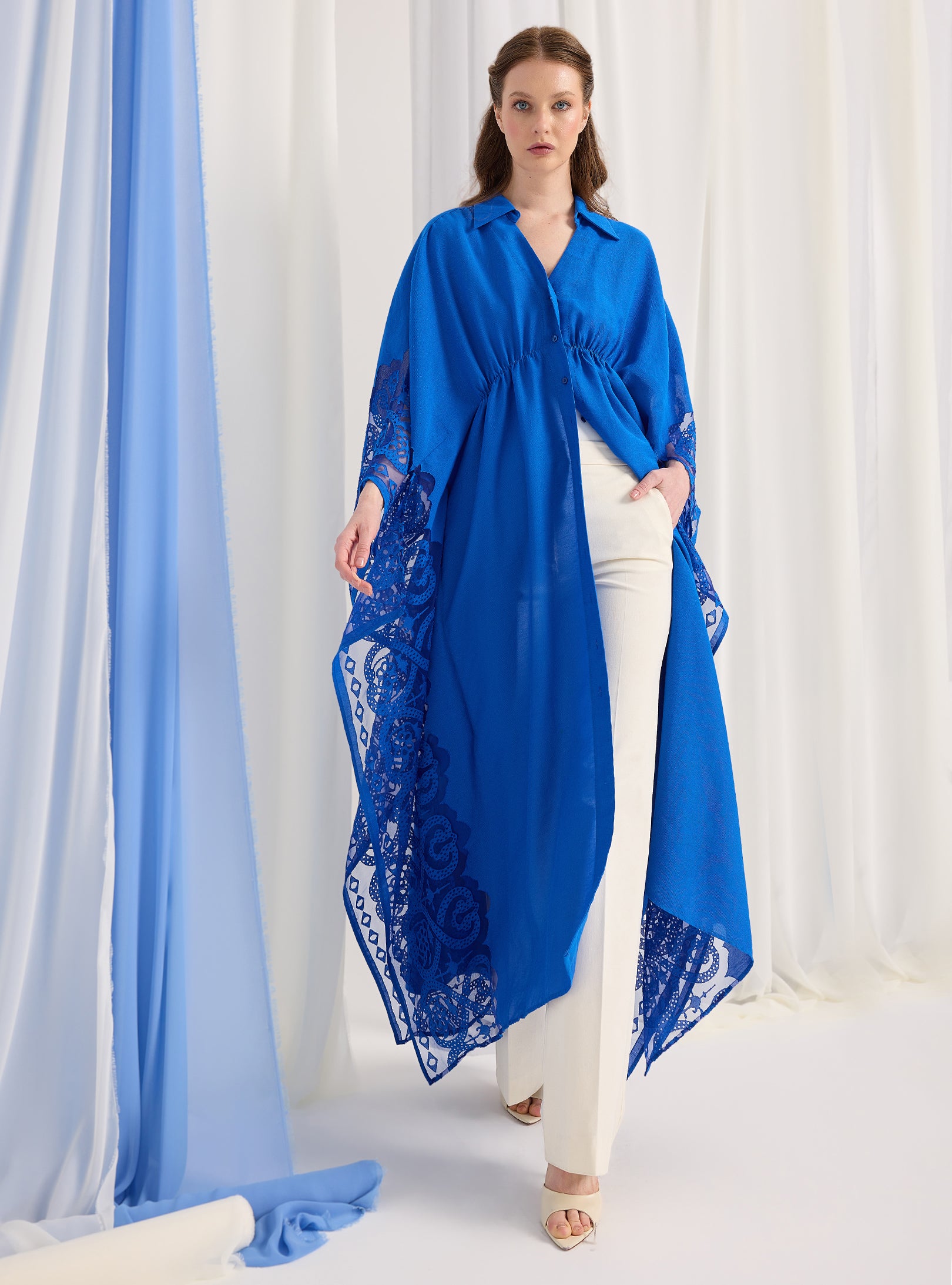 Navy Blue Lace Shirt Kaftan Dress - Store WF