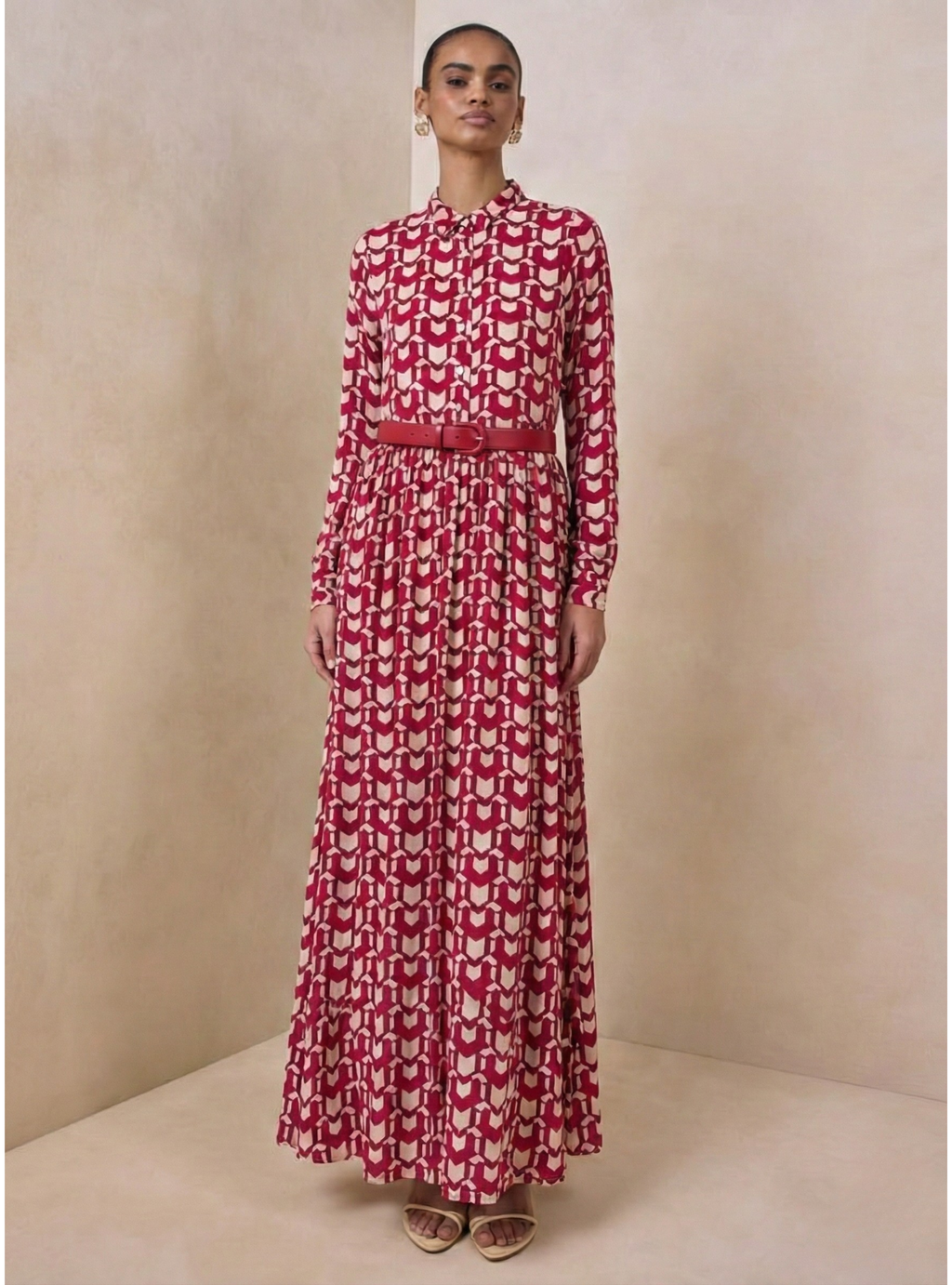 Red Printed Maxi Shirt Dress - Store WF