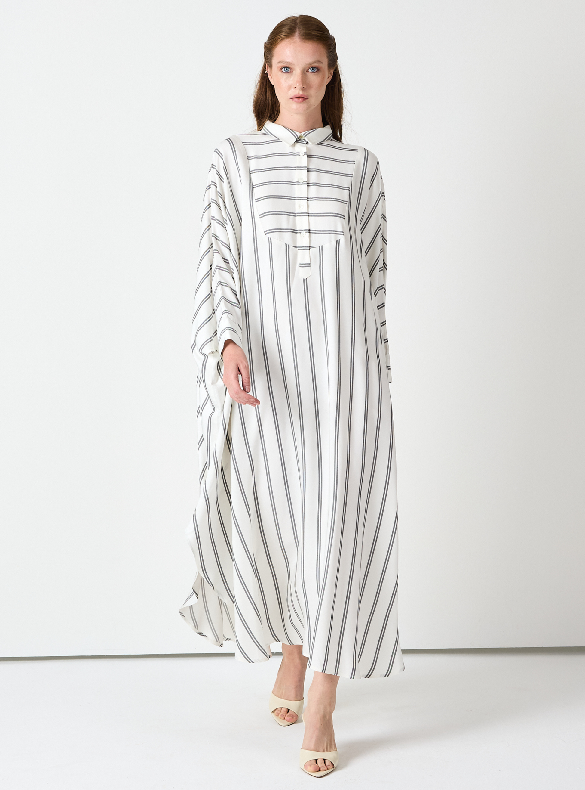 White Striped Maxi Dress with Collar - Store WF