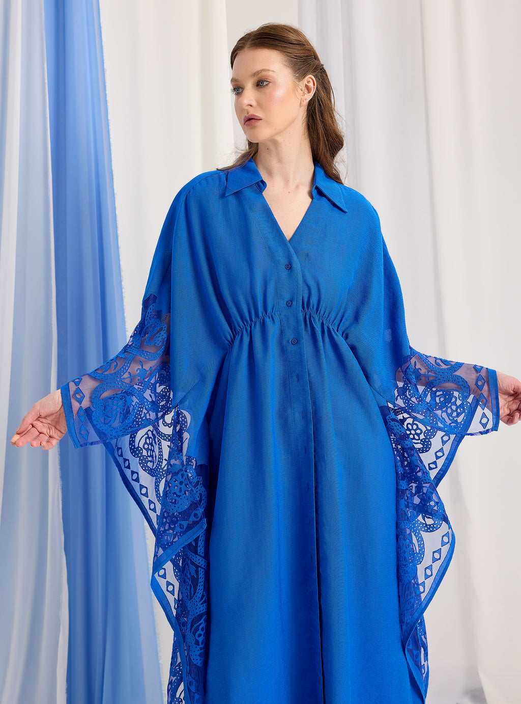 Navy Blue Lace Shirt Kaftan Dress - Store WF