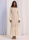 Gold Button Knit Dress with Cotton Ruffle Hem - Store WF