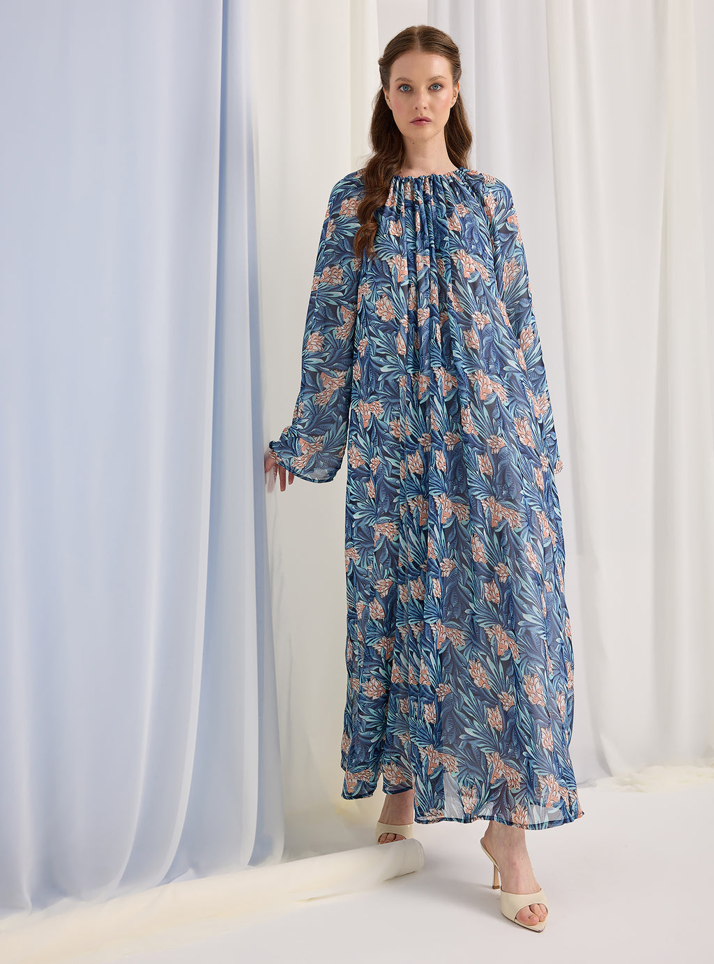 Blue Pirinted Gold Lurex Detailed Maxi Dress - Store WF