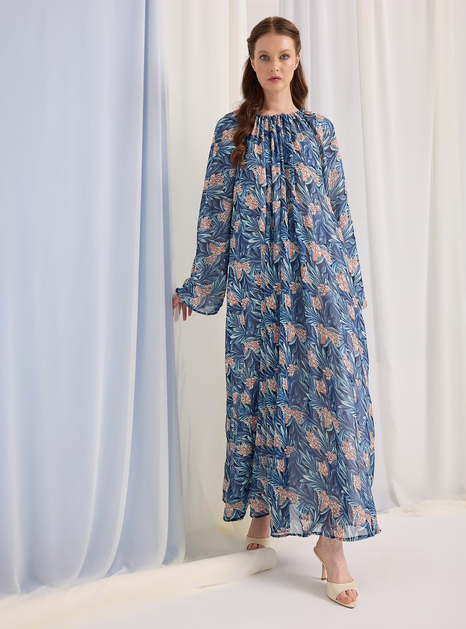 Blue Pirinted Gold Lurex Detailed Maxi Dress - Store WF