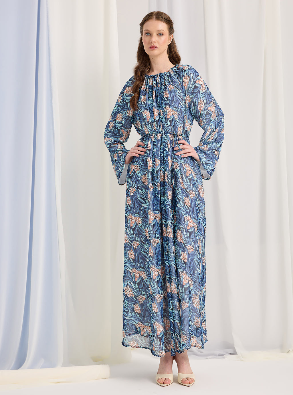 Blue Pirinted Gold Lurex Detailed Maxi Dress - Store WF