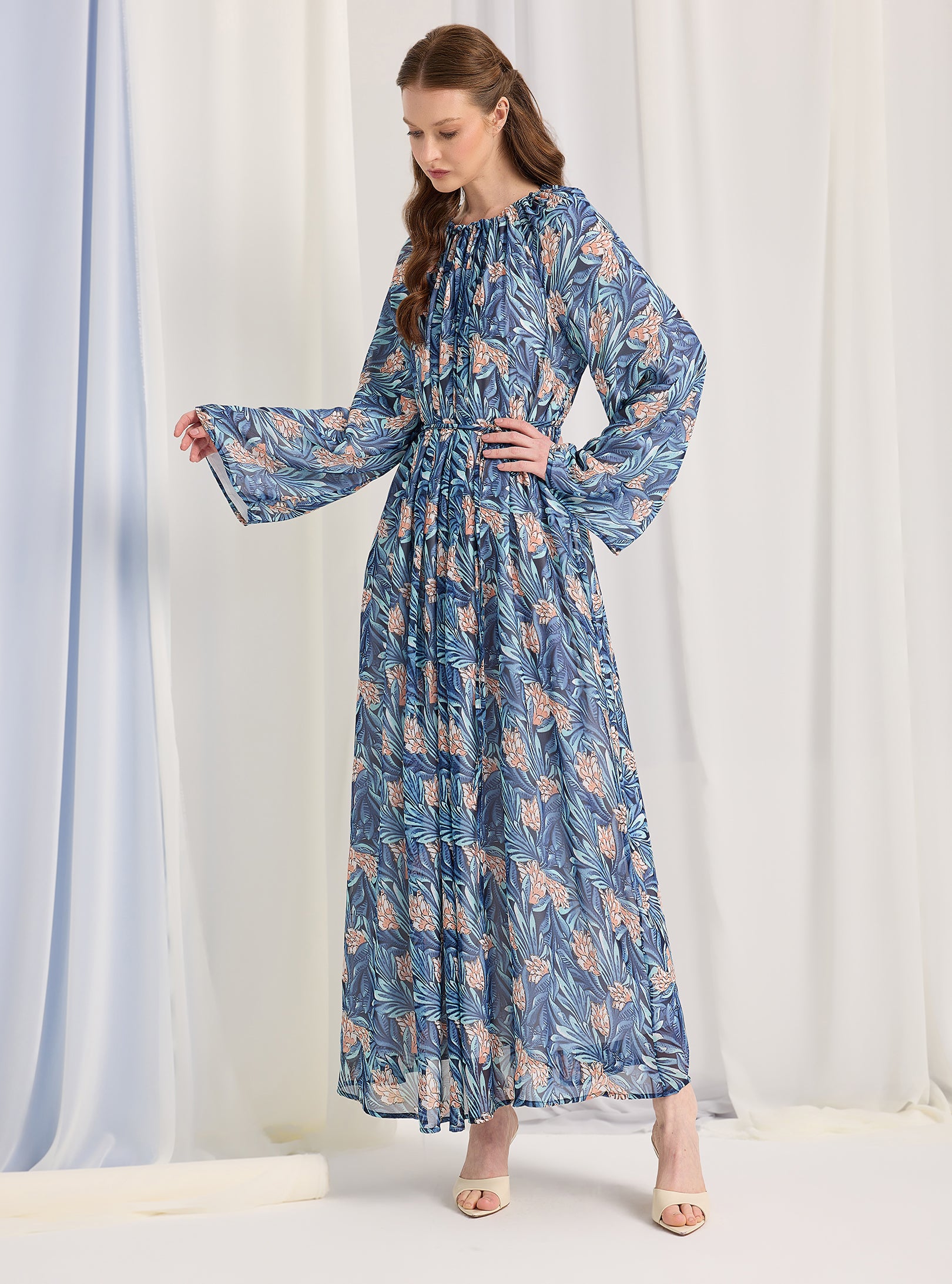 Blue Pirinted Gold Lurex Detailed Maxi Dress - Store WF