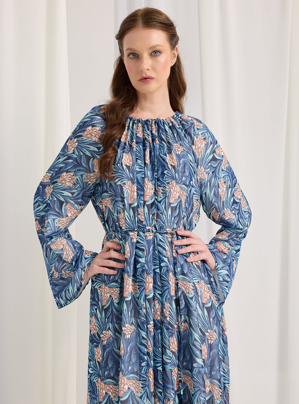 Blue Pirinted Gold Lurex Detailed Maxi Dress - Store WF