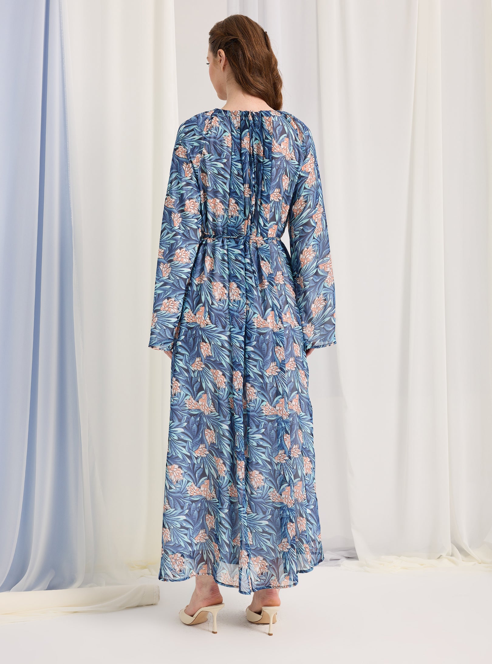 Blue Pirinted Gold Lurex Detailed Maxi Dress - Store WF
