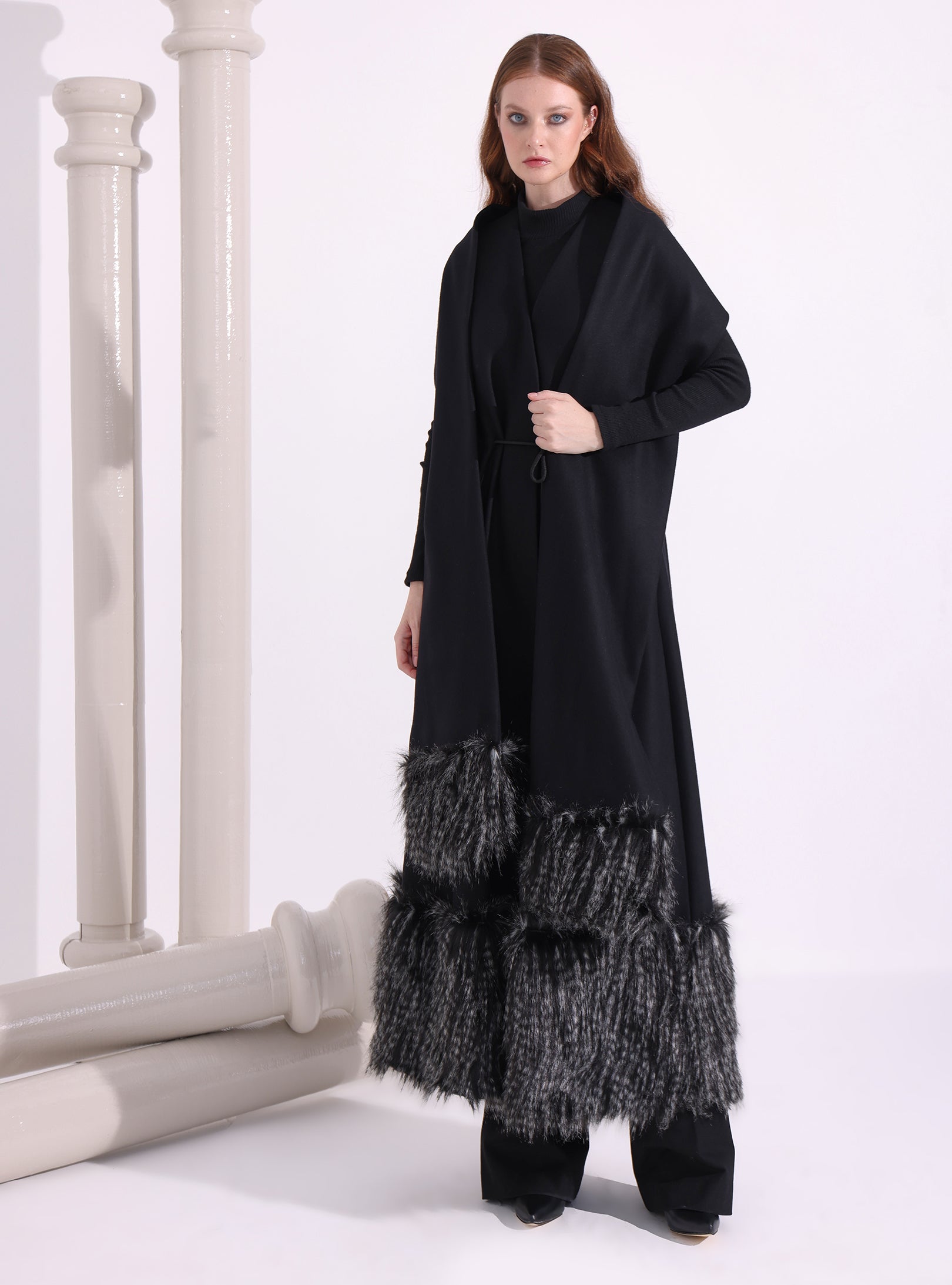 Black Faux Fur Trim Wool Gilet With Scarf - Store WF