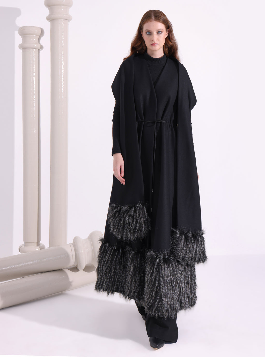 Black Faux Fur Trim Wool Gilet With Scarf - Store WF
