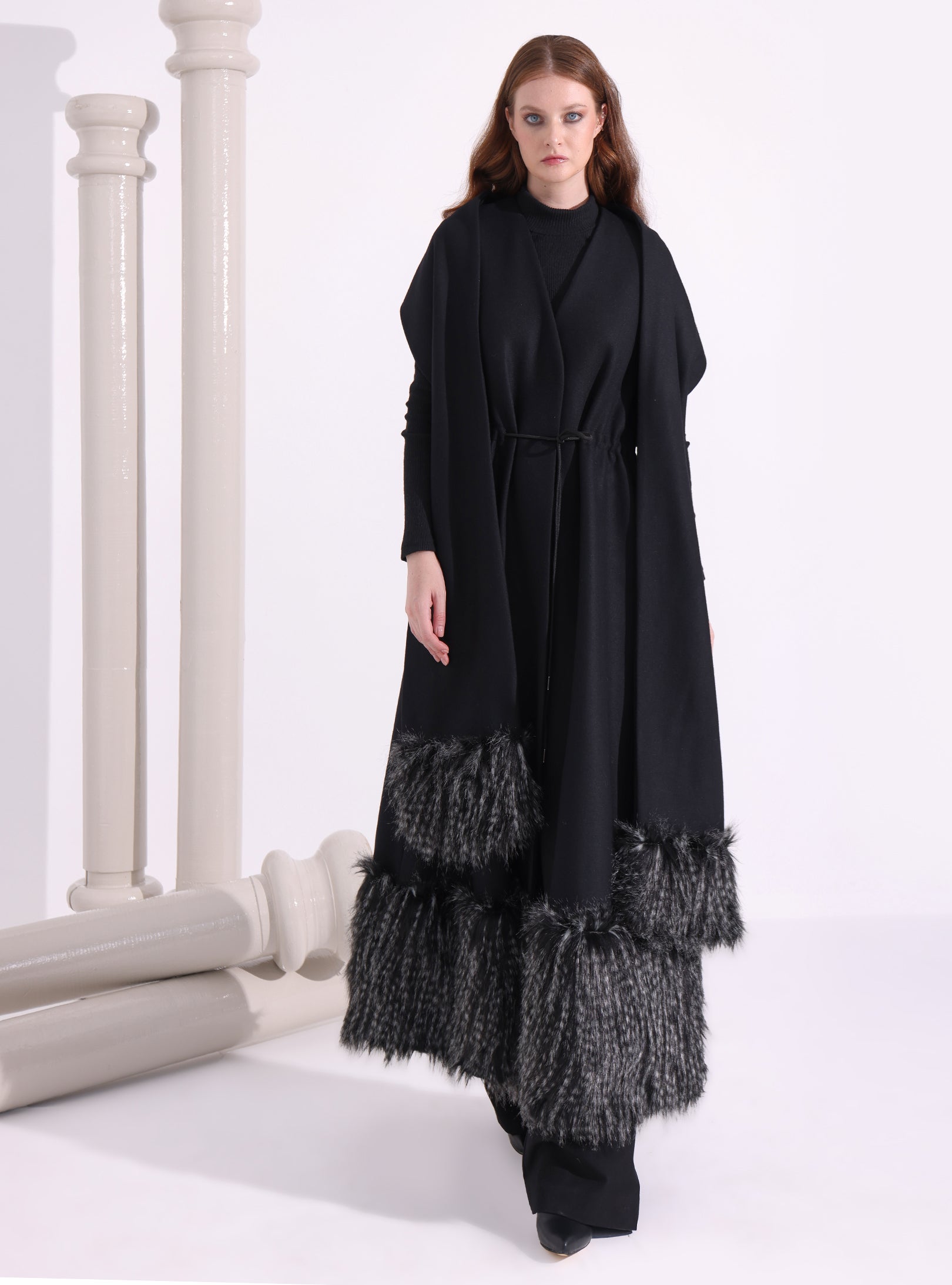 Black Faux Fur Trim Wool Gilet With Scarf - Store WF