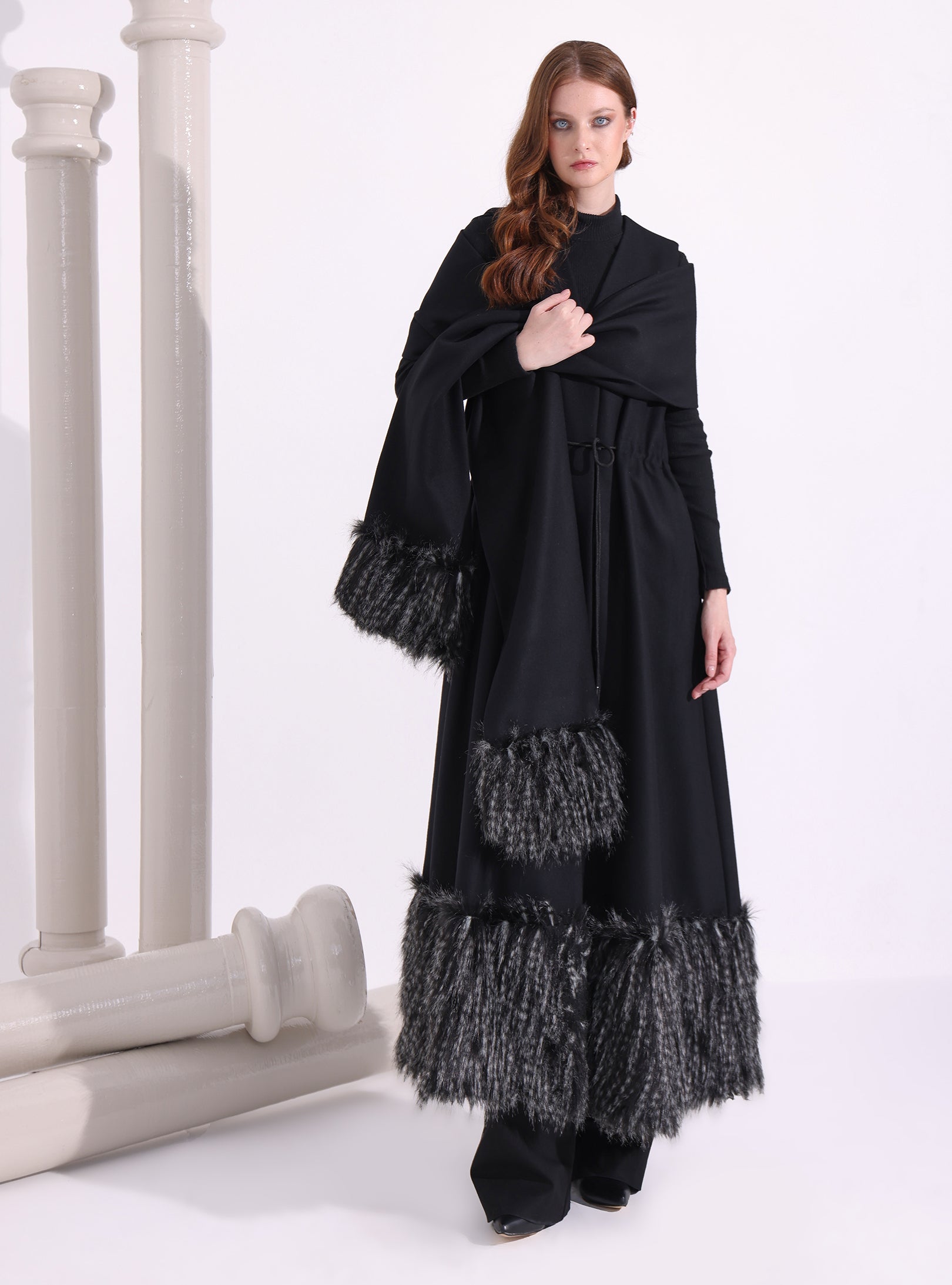 Black Faux Fur Trim Wool Gilet With Scarf - Store WF