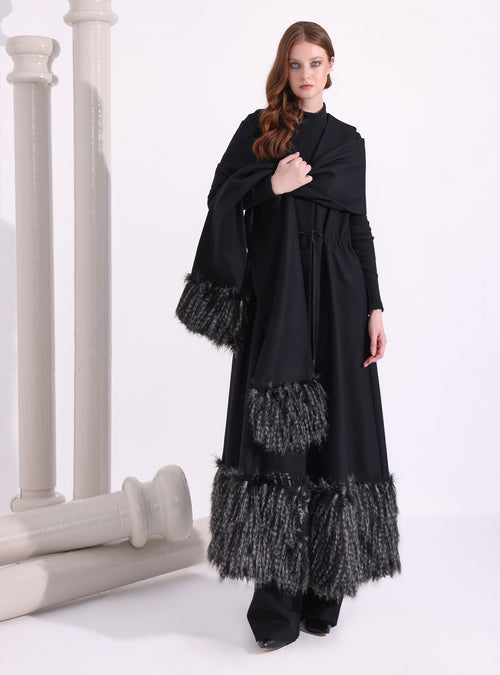Black Faux Fur Trim Wool Gilet With Scarf - Store WF