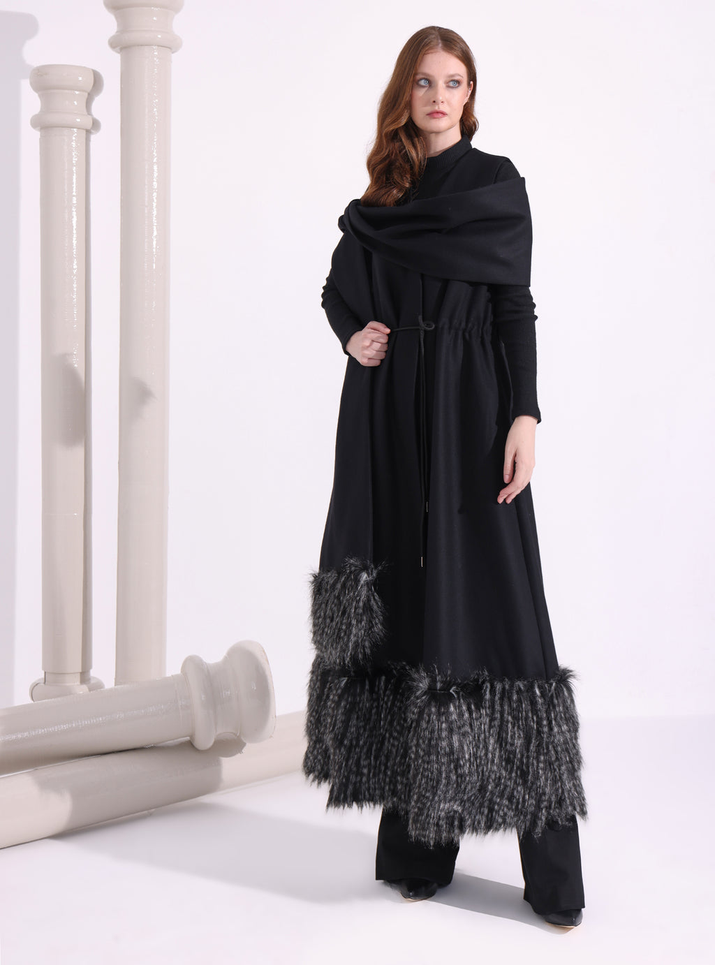 Black Faux Fur Trim Wool Gilet With Scarf - Store WF