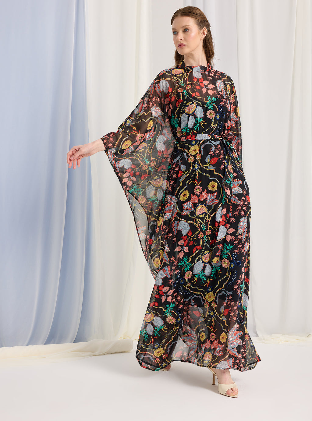 Black Printed Gold Lurex Belted Kaftan Dress - Store WF
