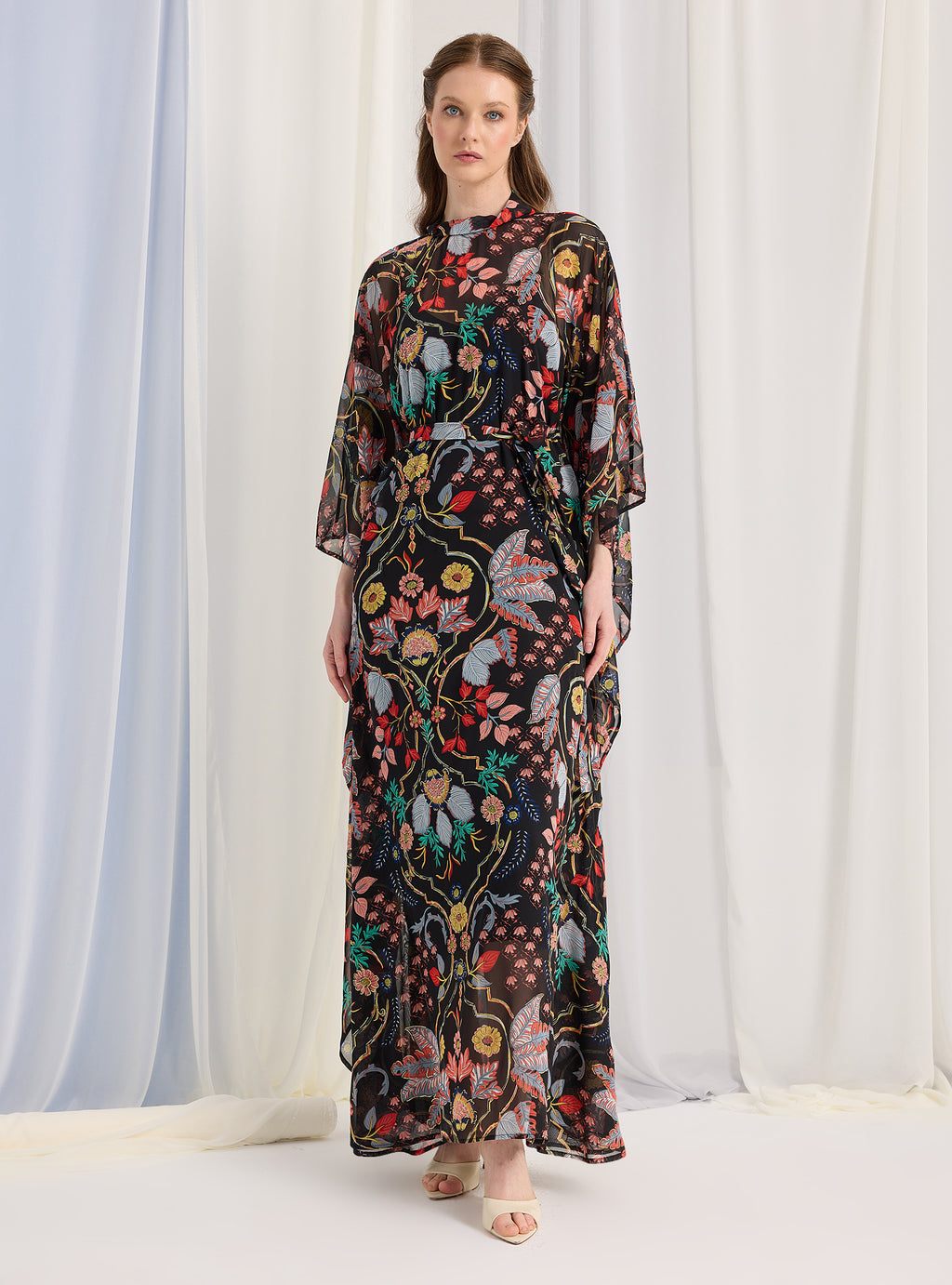 Black Printed Gold Lurex Belted Kaftan Dress - Store WF
