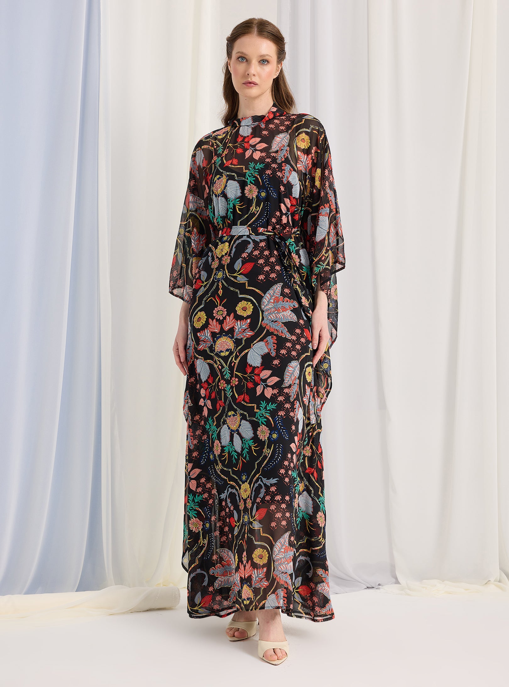 Black Printed Gold Lurex Belted Kaftan Dress - Store WF