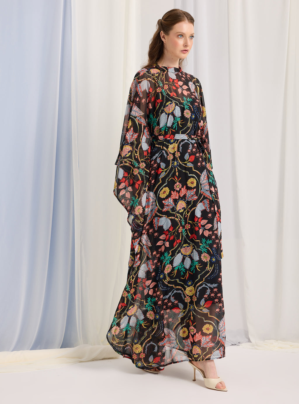 Black Printed Gold Lurex Belted Kaftan Dress - Store WF