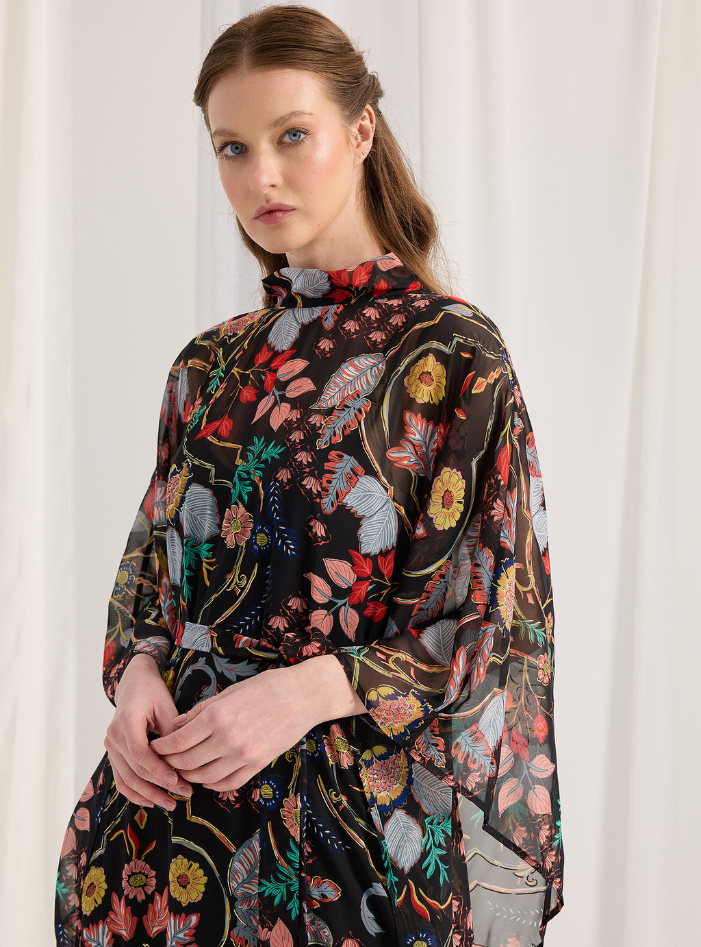 Black Printed Gold Lurex Belted Kaftan Dress - Store WF