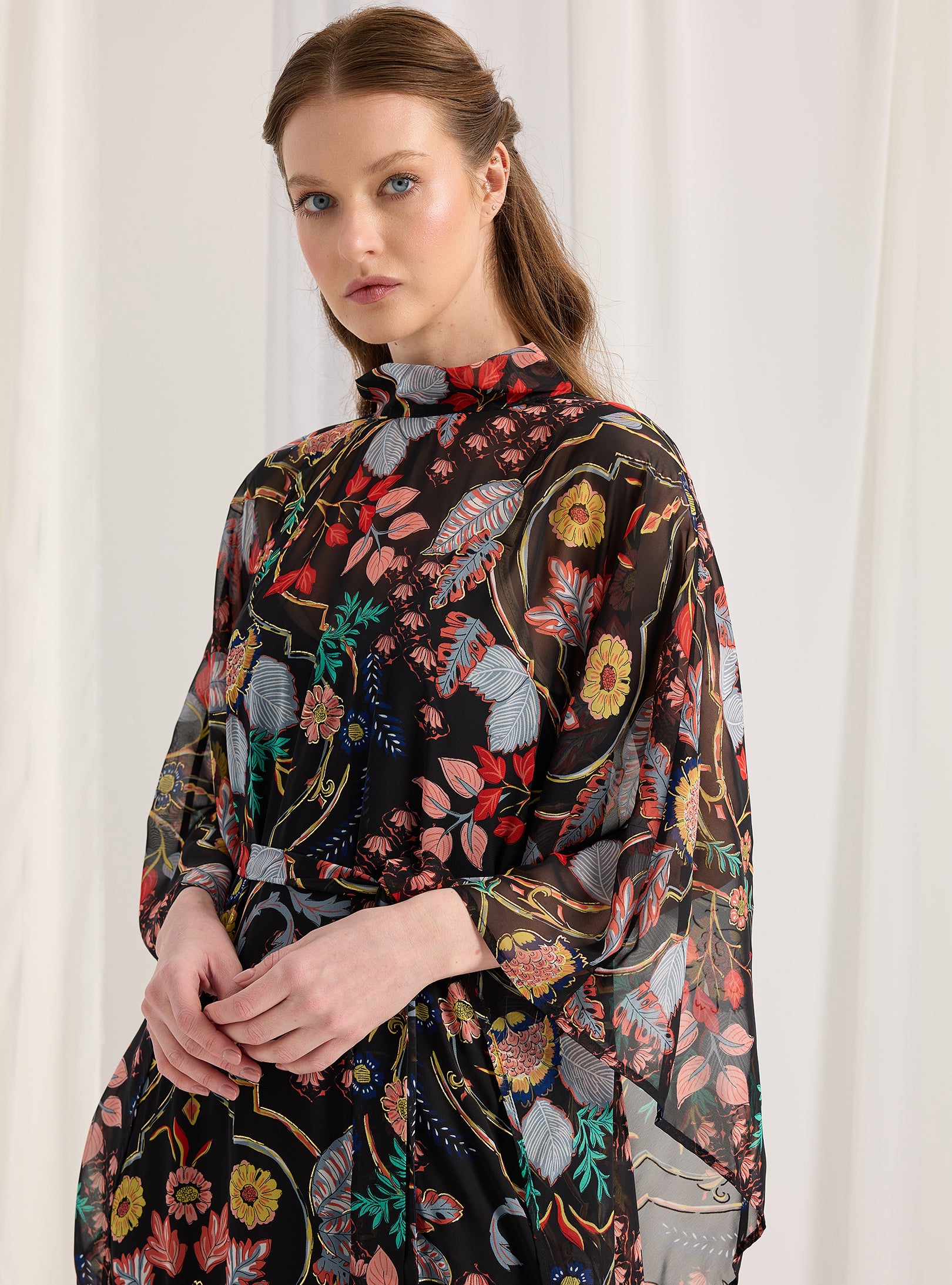 Black Printed Gold Lurex Belted Kaftan Dress - Store WF