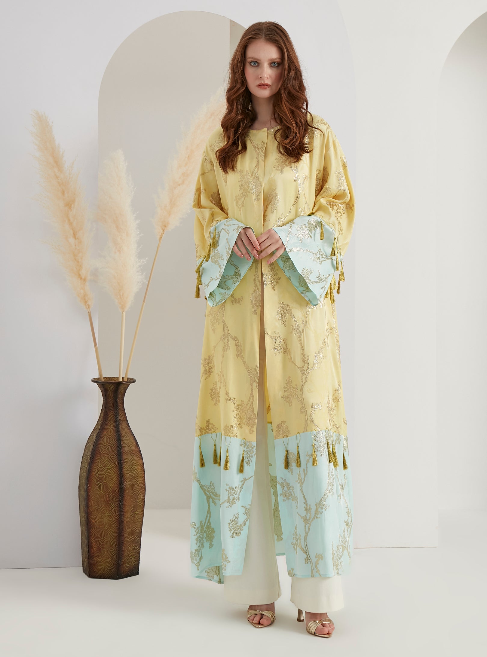 Gold Jaquard Tassal Abaya - Store WF