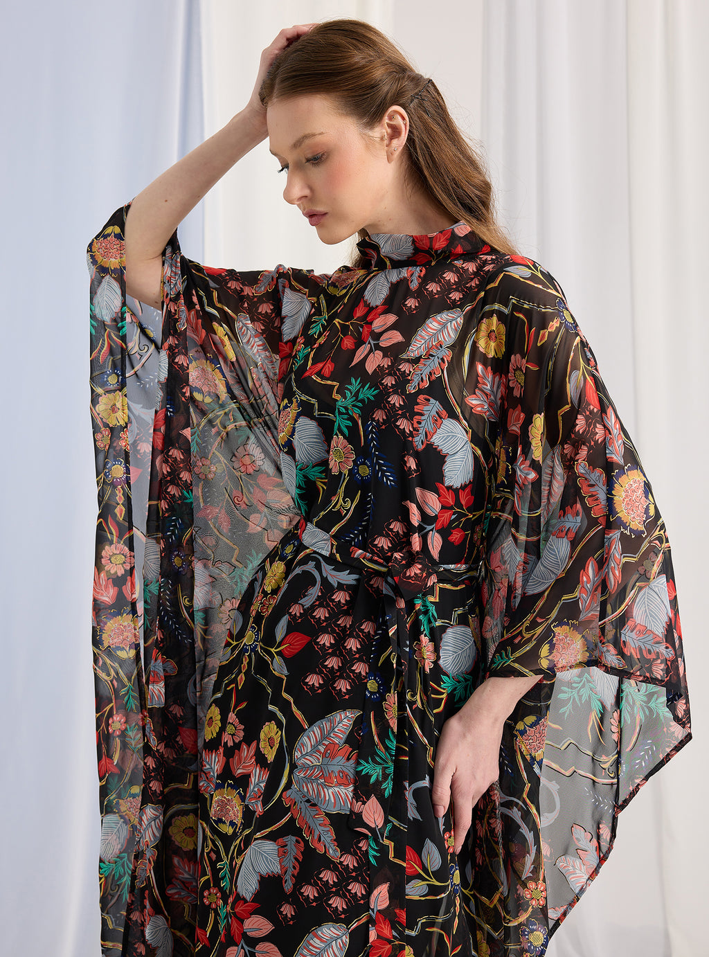 Black Printed Gold Lurex Belted Kaftan Dress - Store WF