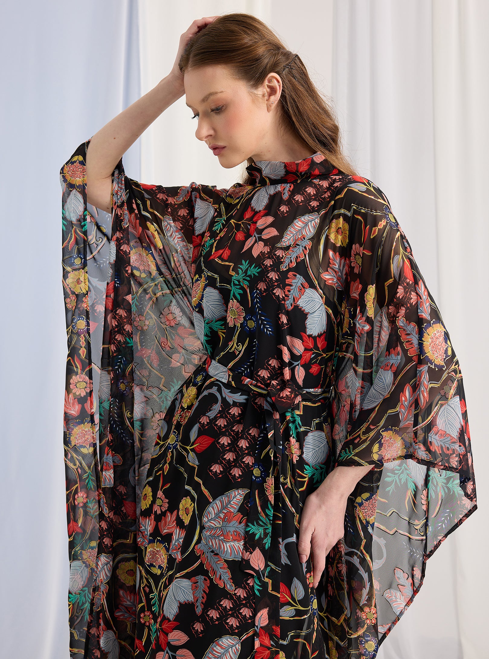 Black Printed Gold Lurex Belted Kaftan Dress - Store WF