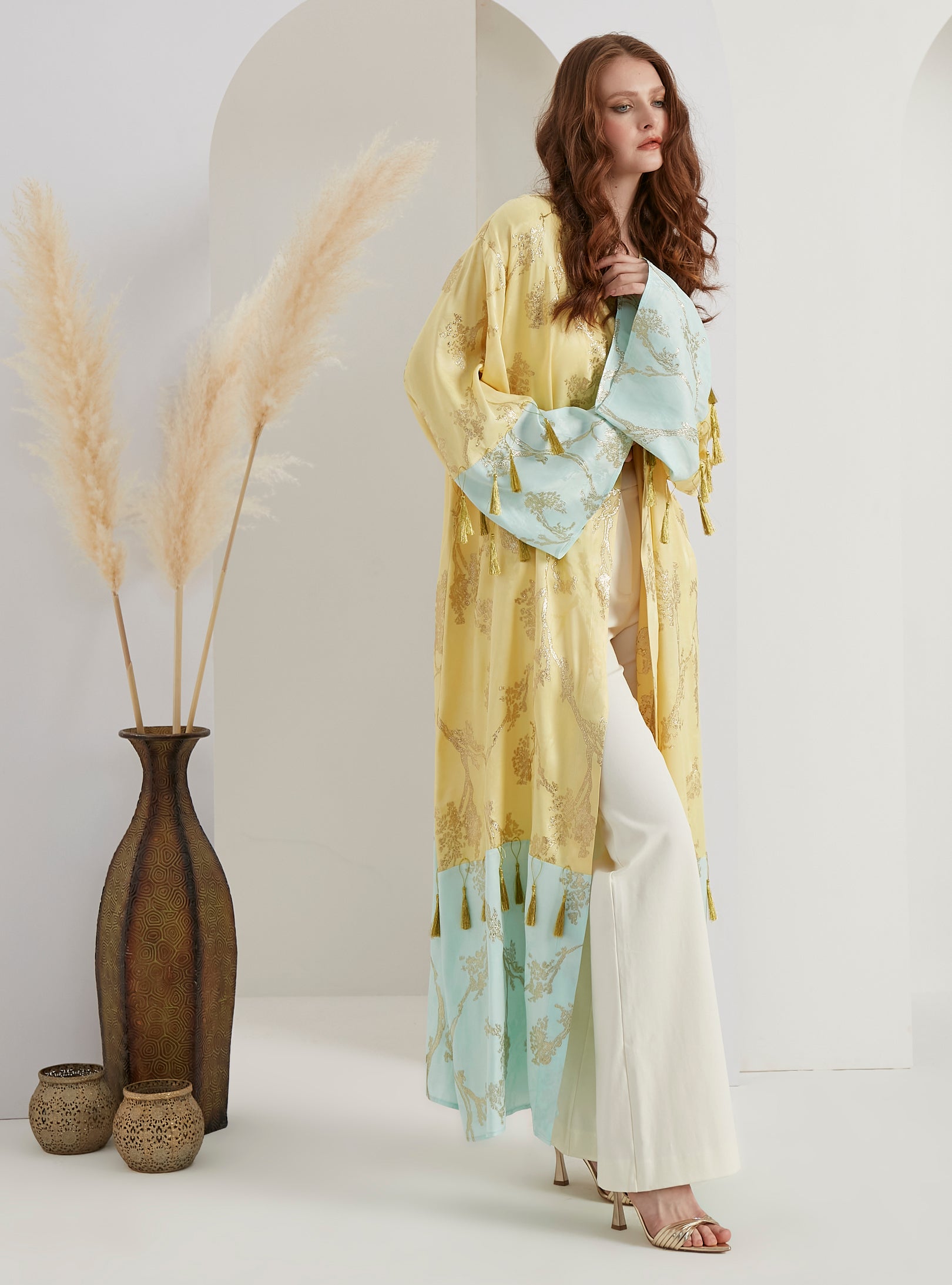 Gold Jaquard Tassal Abaya - Store WF