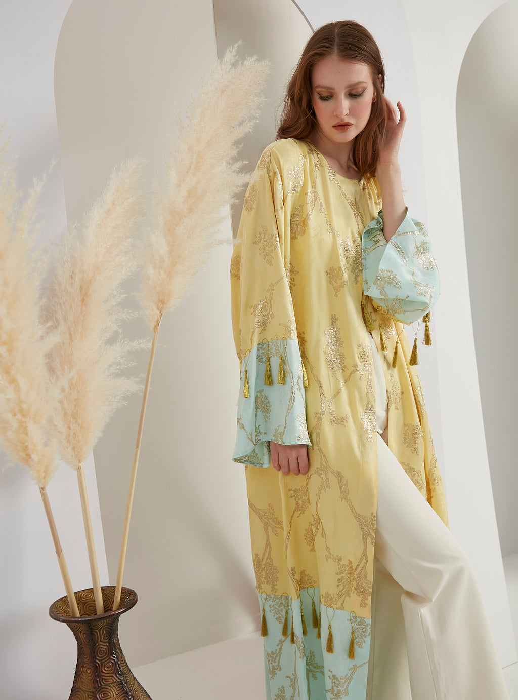 Gold Jaquard Tassal Abaya - Store WF