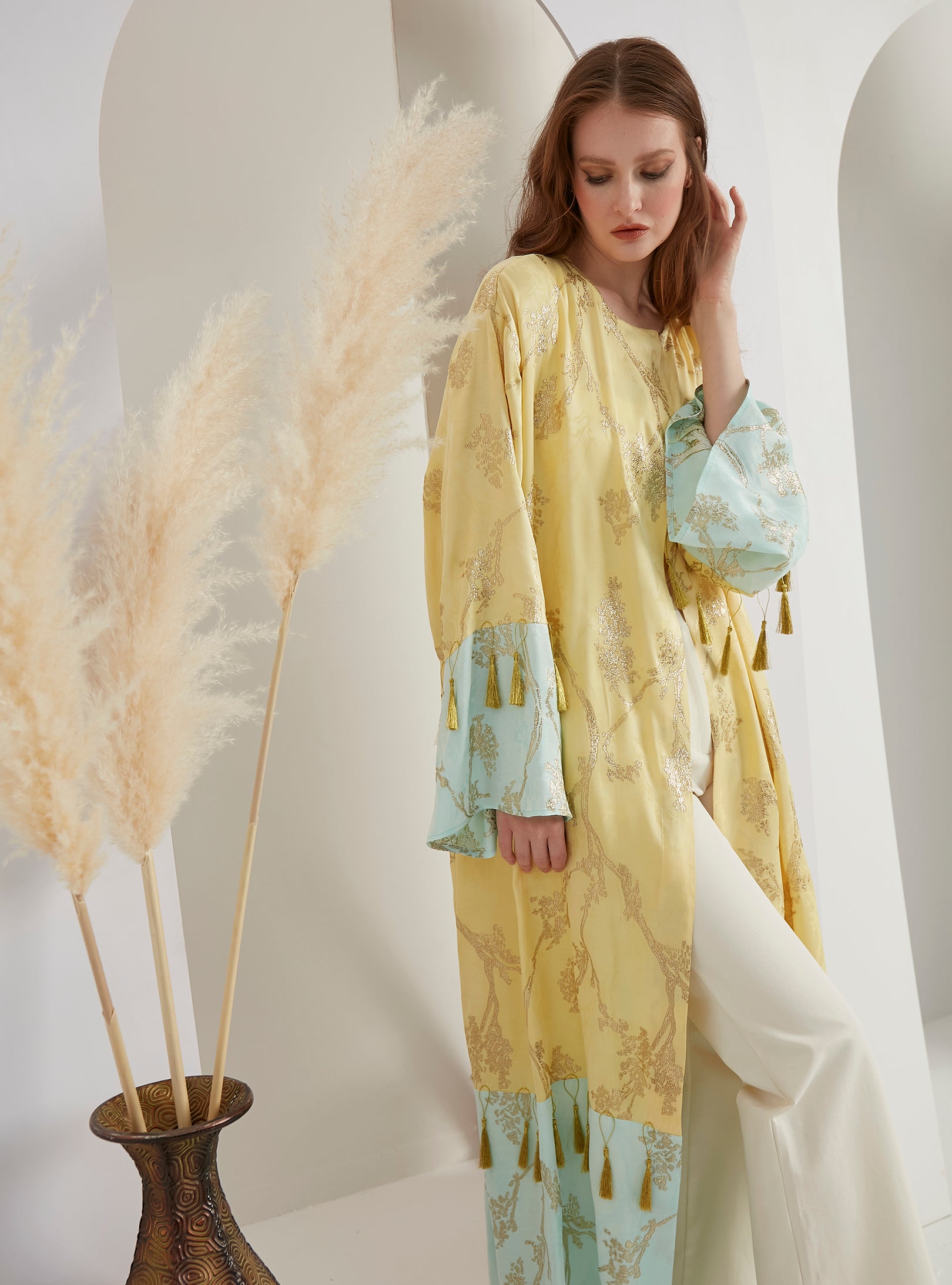 Gold Jaquard Tassal Abaya - Store WF