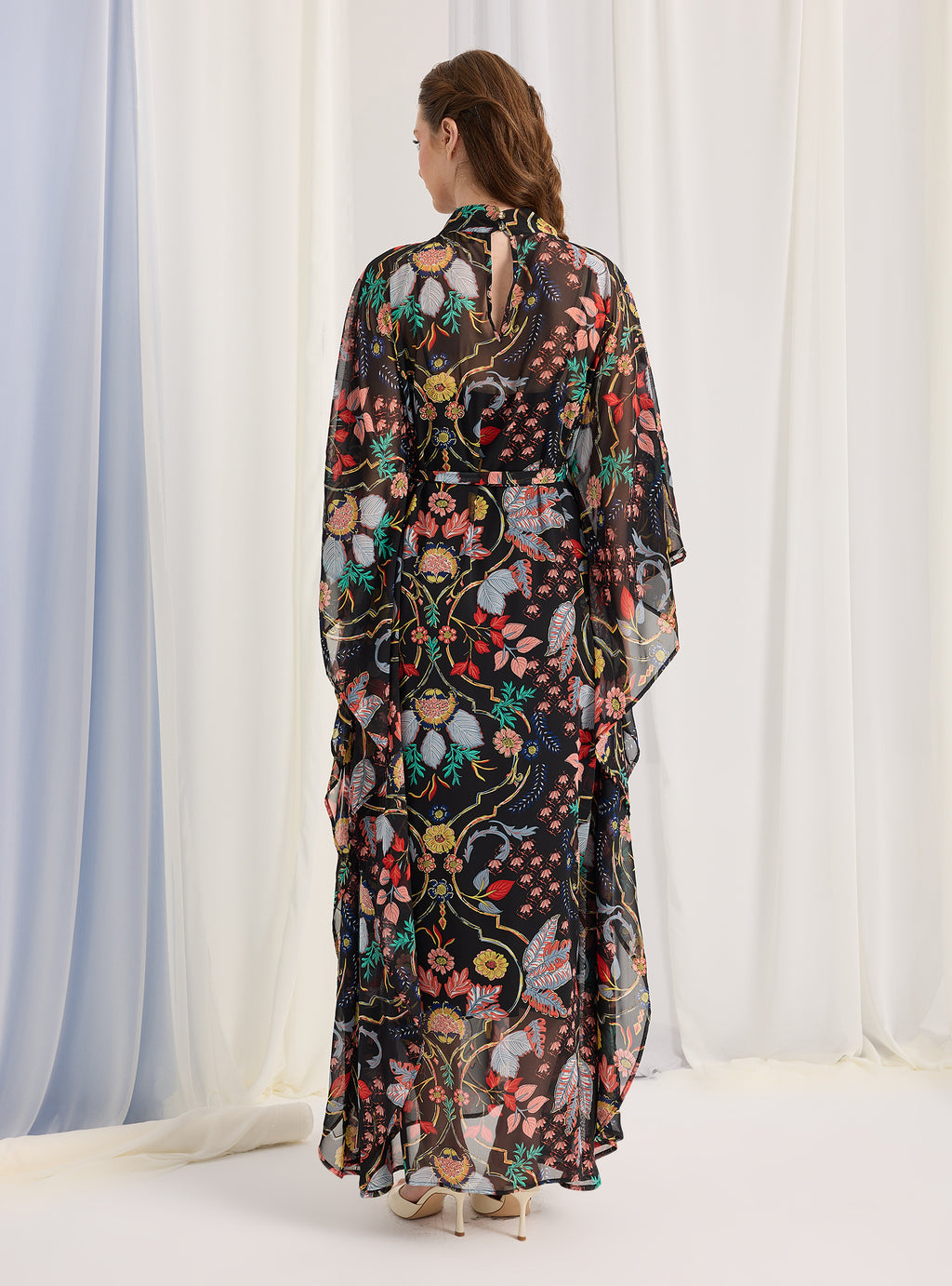 Black Printed Gold Lurex Belted Kaftan Dress - Store WF