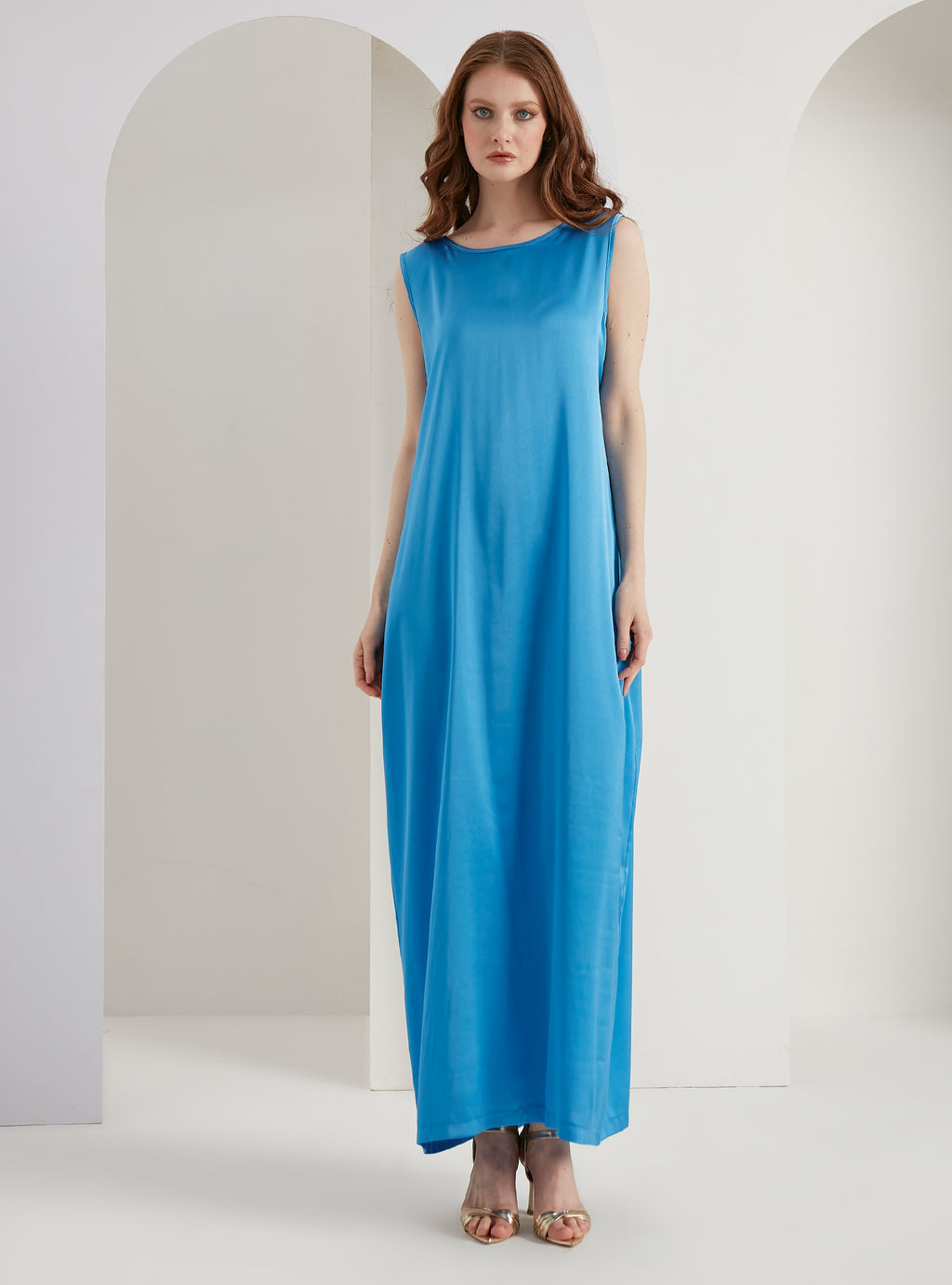 Pearls Button Plisse-Satin Maxi Dress Kaftan Blue - Store WF