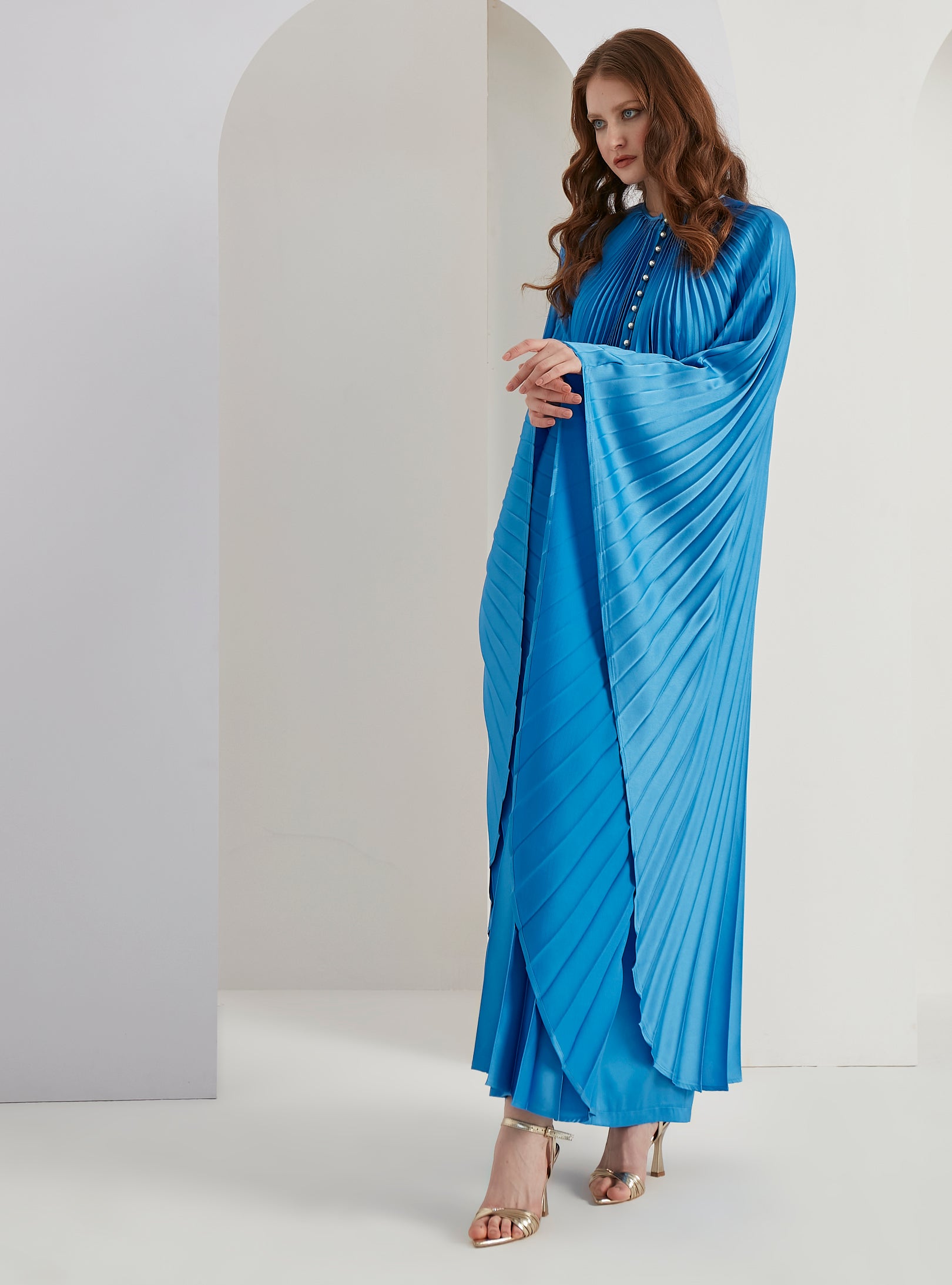 Pearls Button Plisse-Satin Maxi Dress Kaftan Blue - Store WF