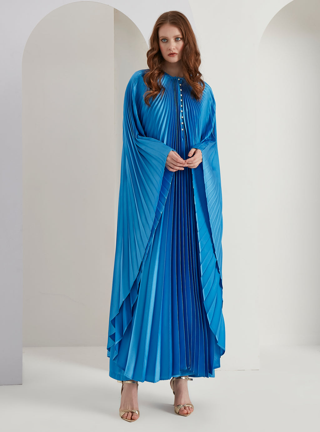 Pearls Button Plisse-Satin Maxi Dress Kaftan Blue - Store WF