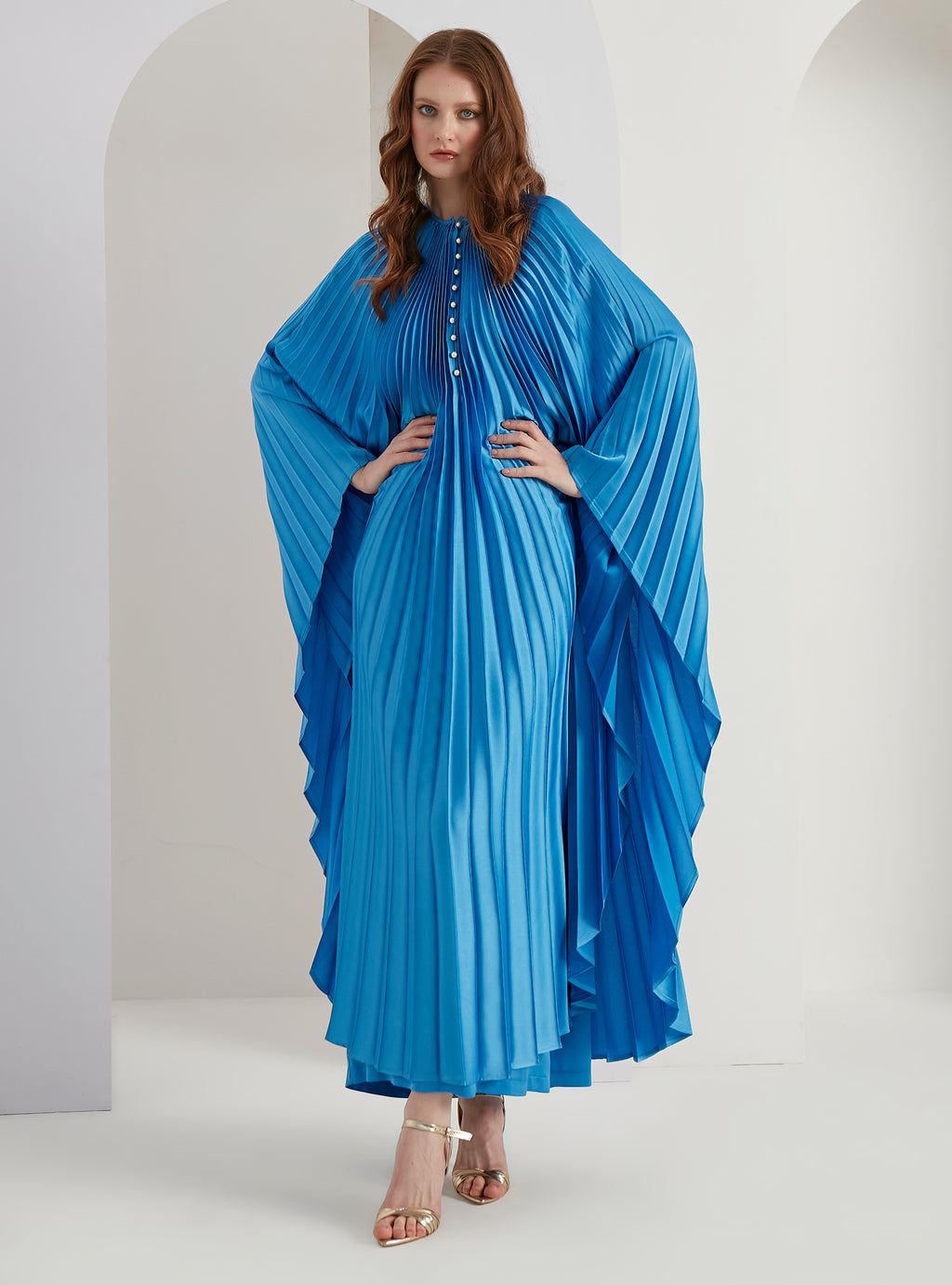 Pearls Button Plisse-Satin Maxi Dress Kaftan Blue - Store WF