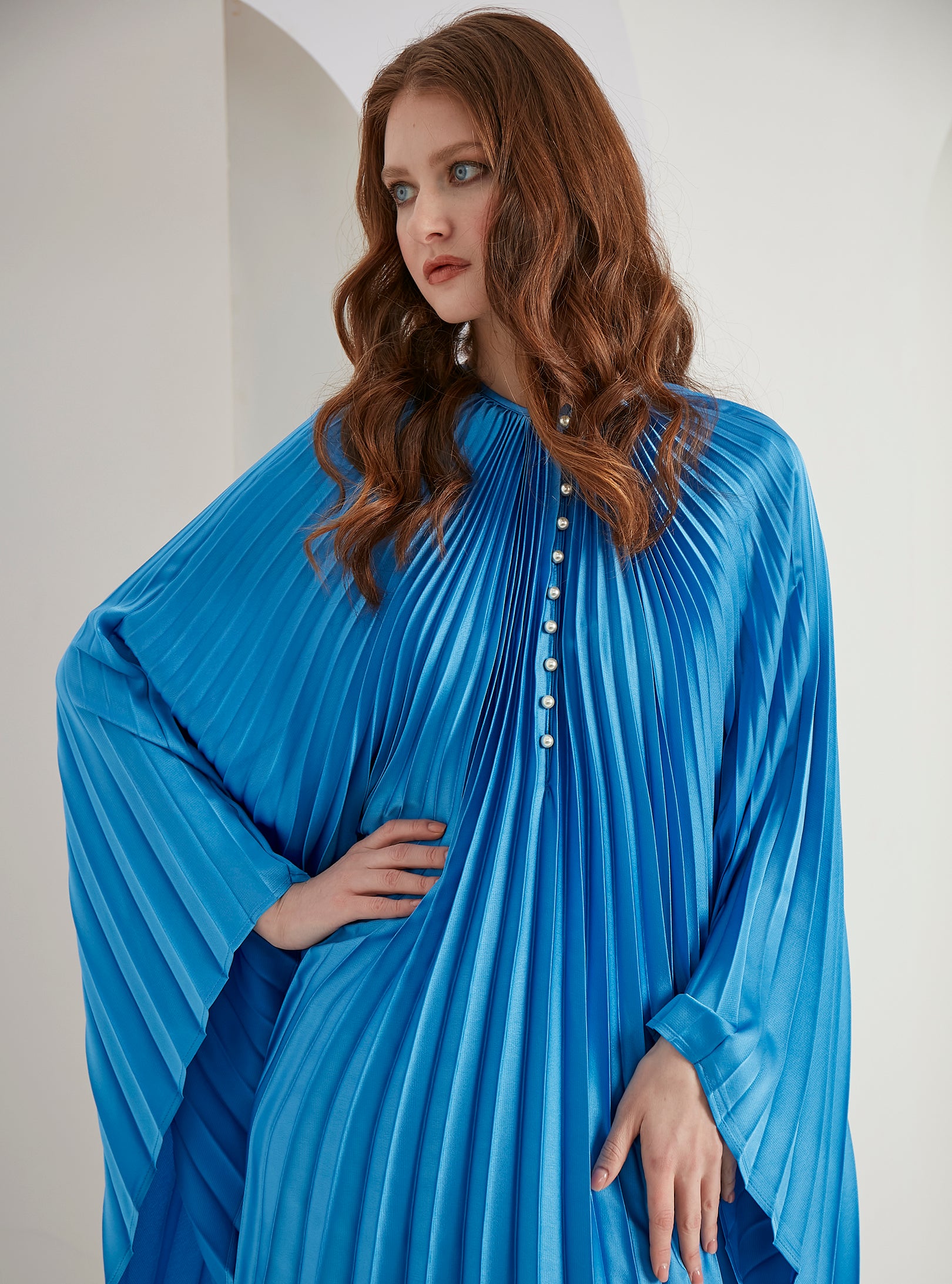 Pearls Button Plisse-Satin Maxi Dress Kaftan Blue - Store WF