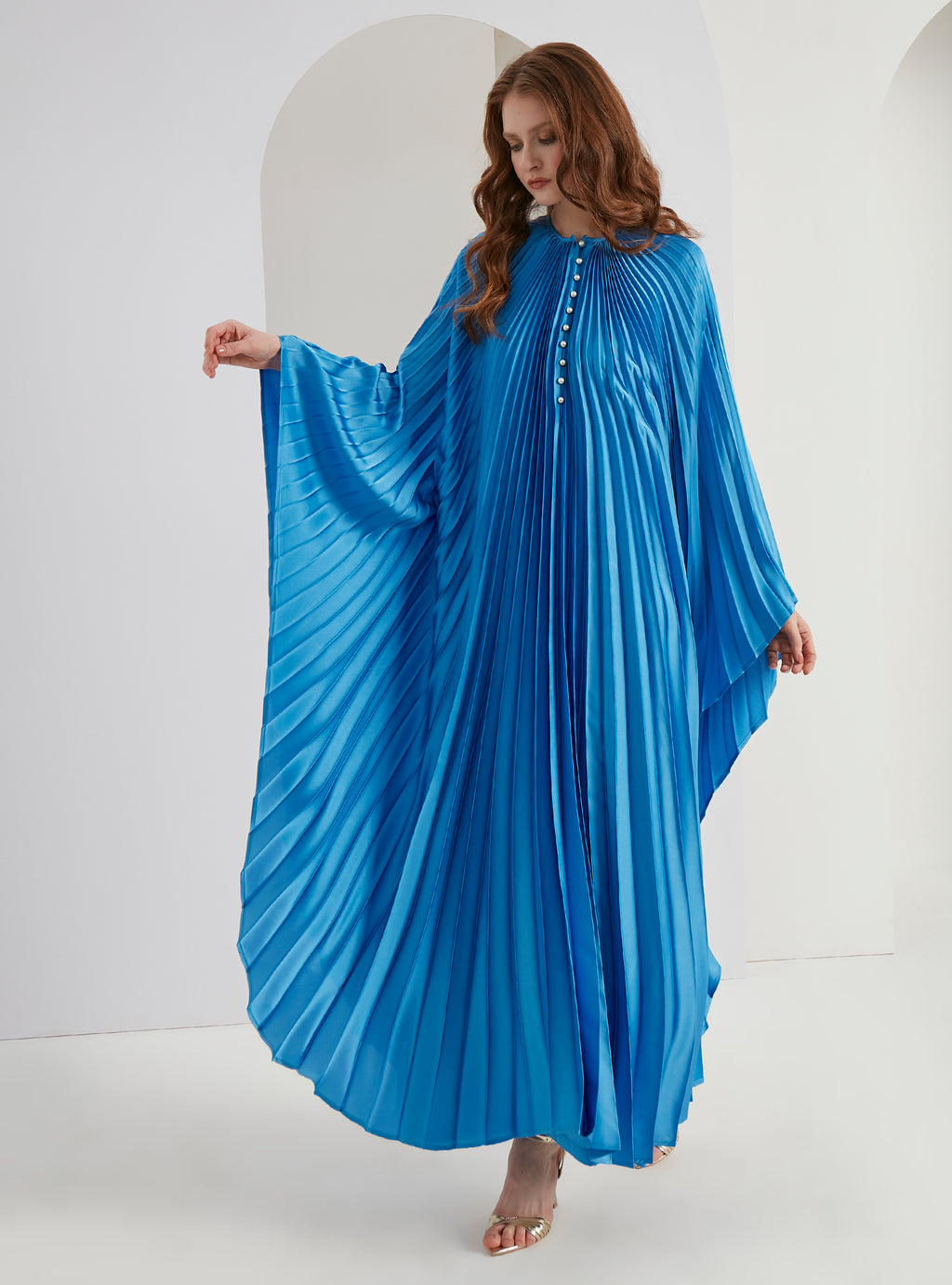Pearls Button Plisse-Satin Maxi Dress Kaftan Blue - Store WF