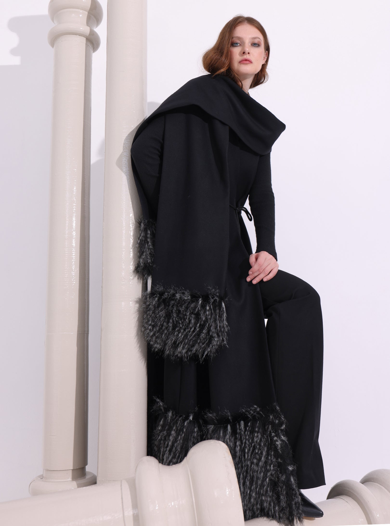 Black Faux Fur Trim Wool Gilet With Scarf - Store WF
