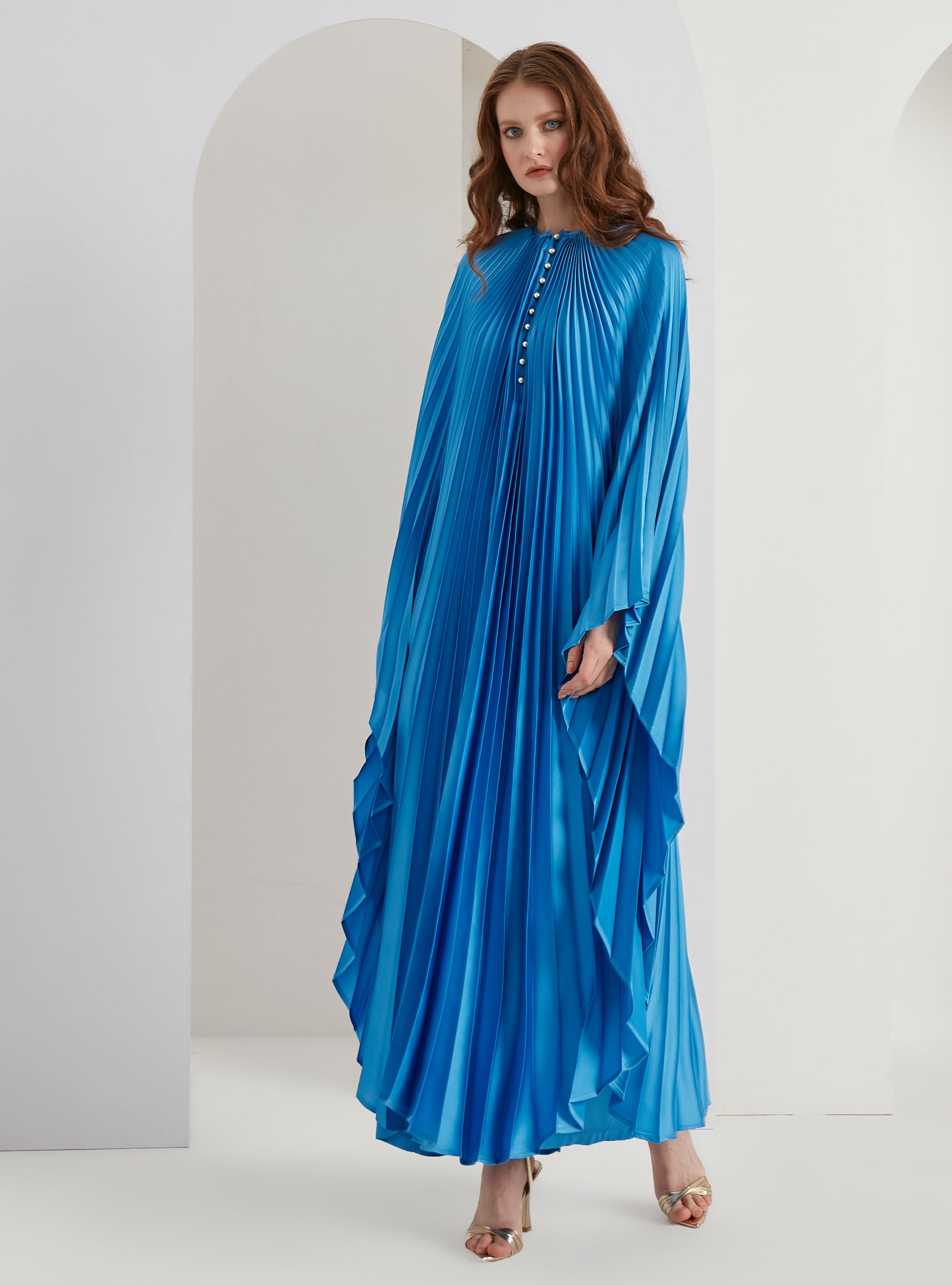 Pearls Button Plisse-Satin Maxi Dress Kaftan Blue - Store WF