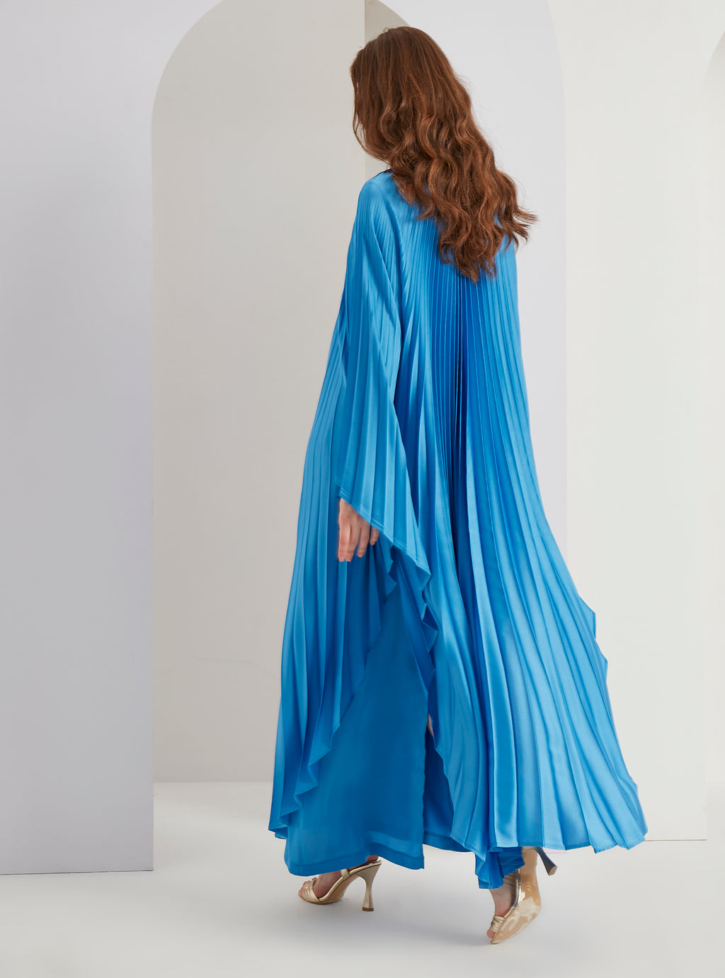 Pearls Button Plisse-Satin Maxi Dress Kaftan Blue - Store WF