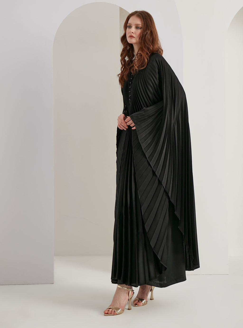 Pearls Button Plisse-Satin Maxi Dress Kaftan Black - Store WF