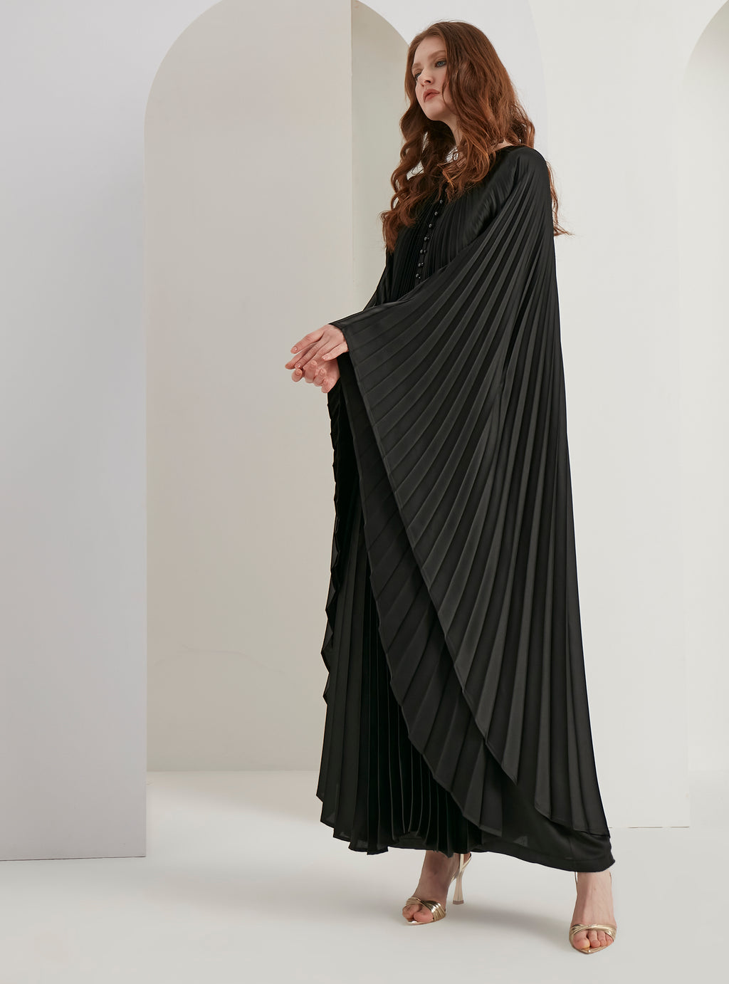 Pearls Button Plisse-Satin Maxi Dress Kaftan Black - Store WF