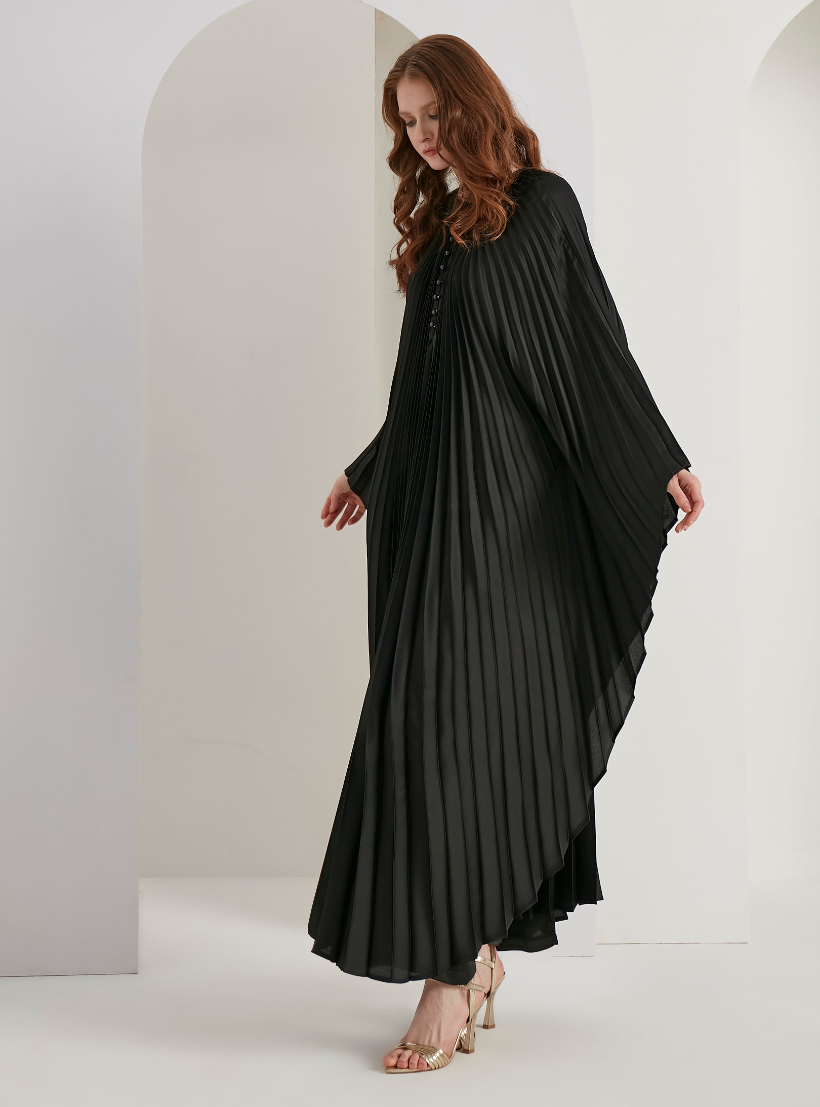 Pearls Button Plisse-Satin Maxi Dress Kaftan Black - Store WF