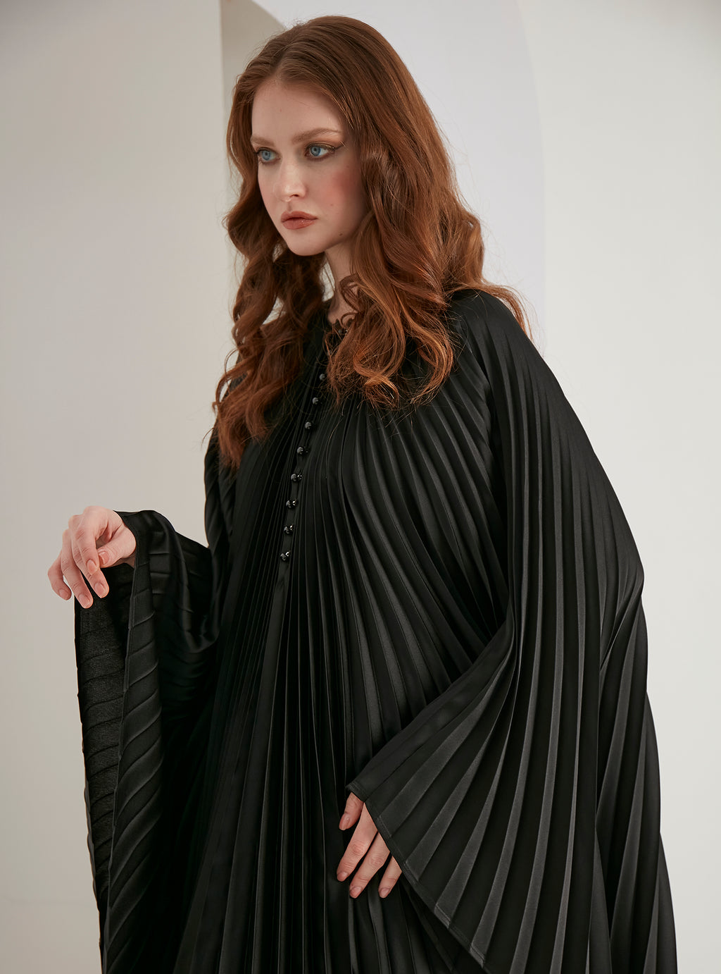 Pearls Button Plisse-Satin Maxi Dress Kaftan Black - Store WF