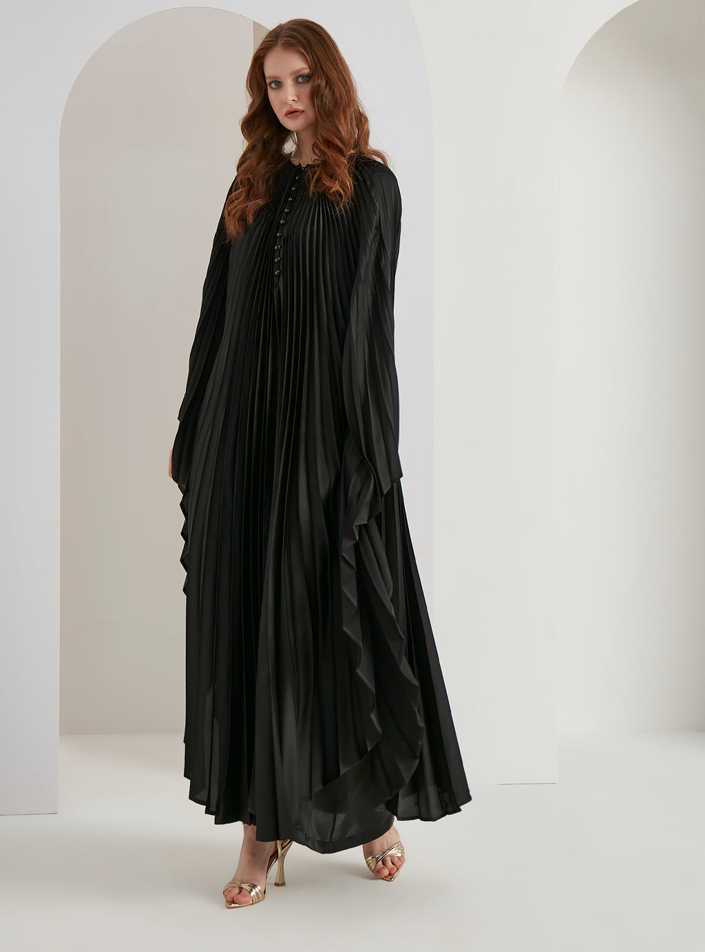 Pearls Button Plisse-Satin Maxi Dress Kaftan Black - Store WF
